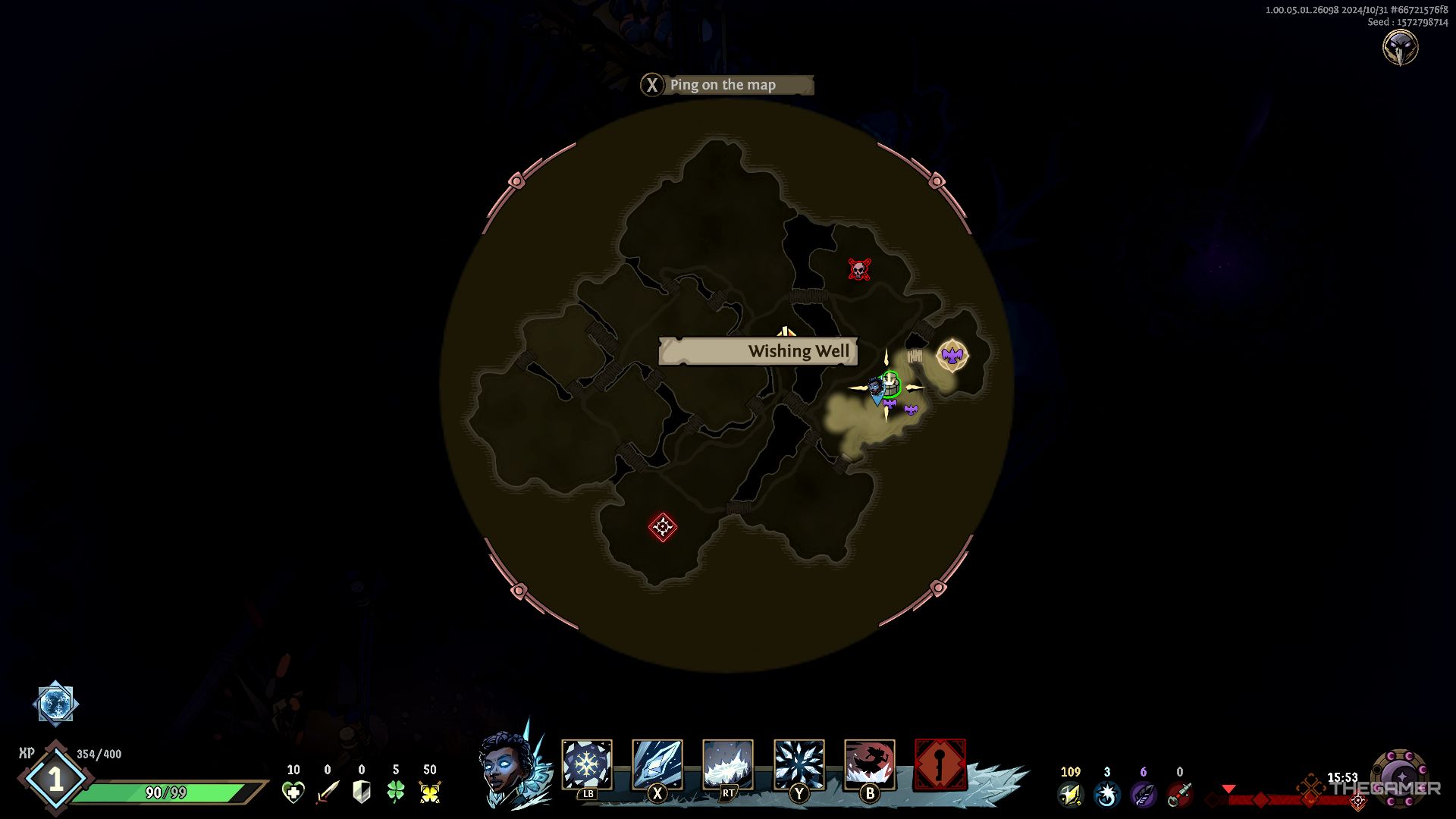 Ravenswatch screenshot of a green wishing well highlighted on map.