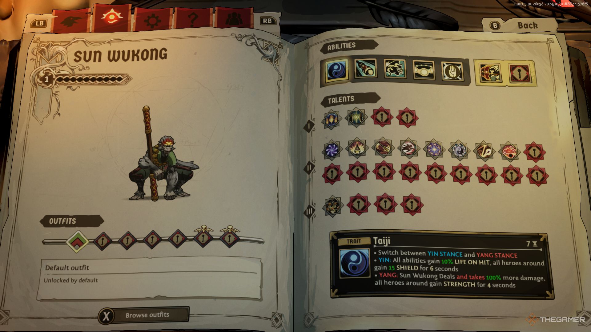 Ravenswatch screenshot of Sun Wukong's hero pages.