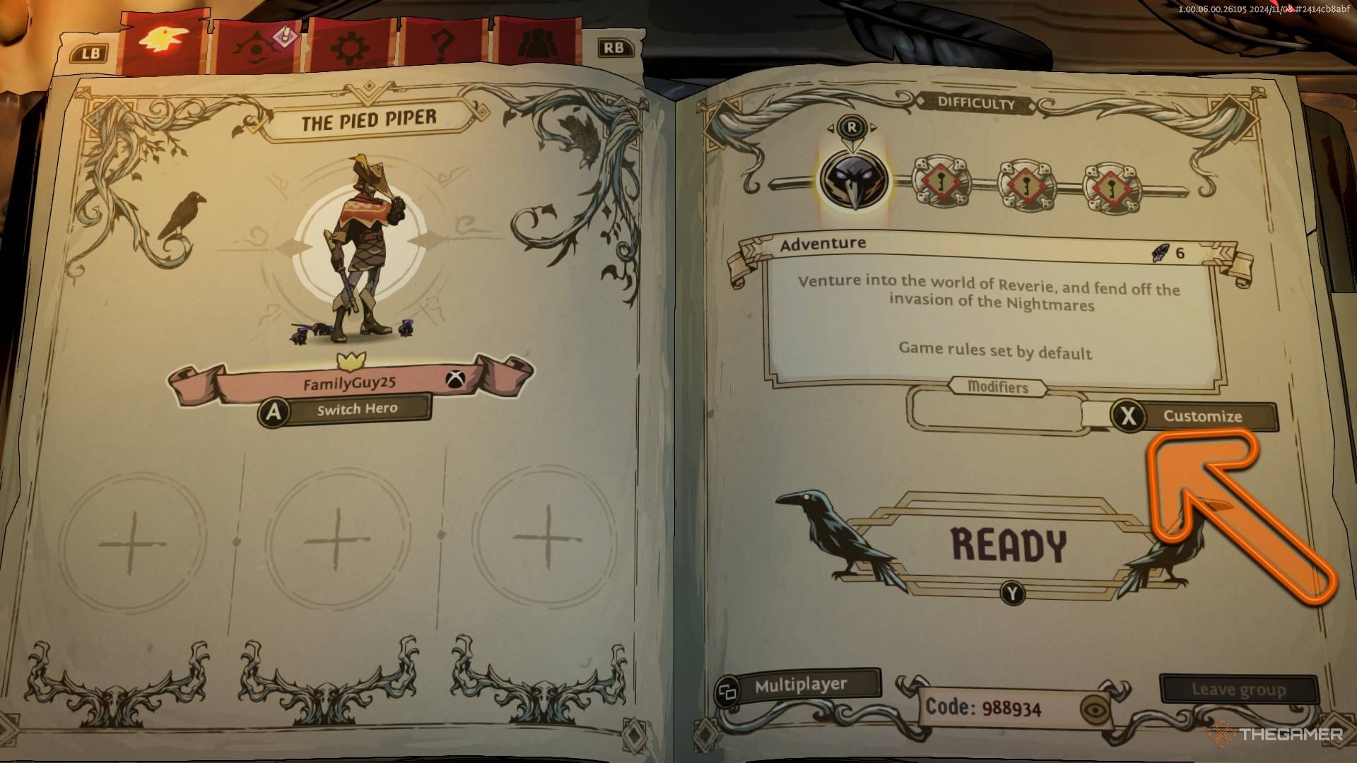 Ravenswatch screenshot of difficulty menu with an arrow pointing at the customize button.