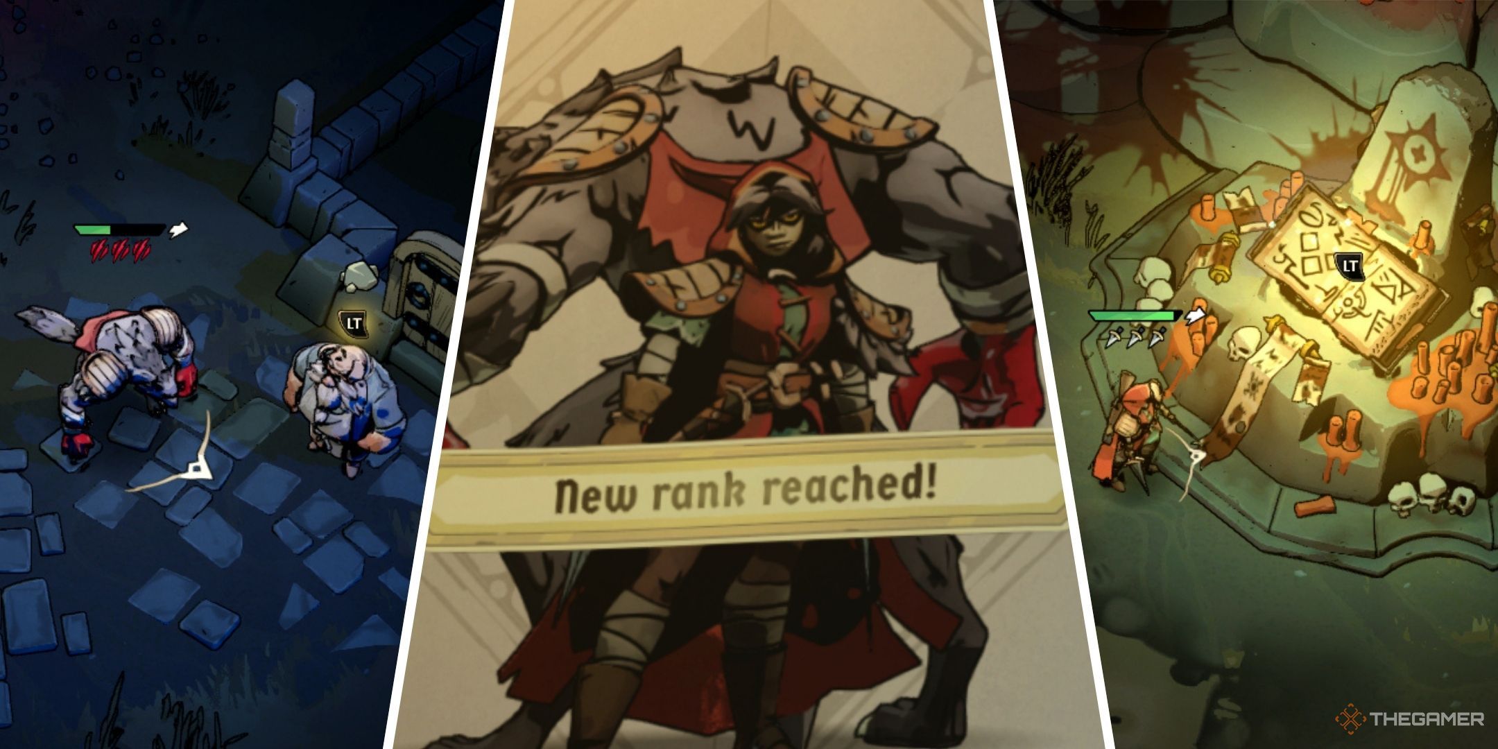 Ravenswatch How To Rank Up Featured Image containing screenshots of Grimoire, Rank Up screen, and Swyne.