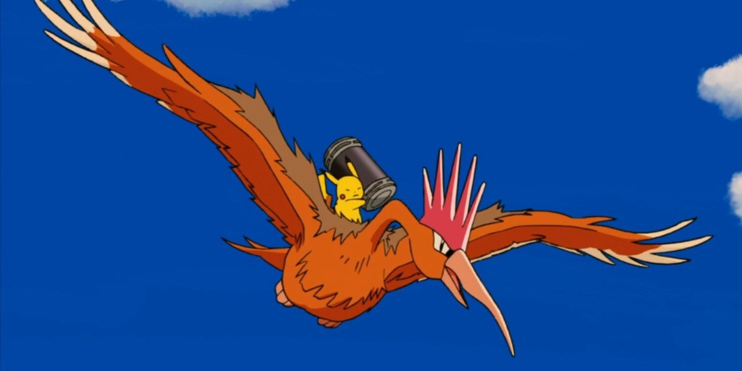 Fearow carrying Pikachu in the Pokemon anime