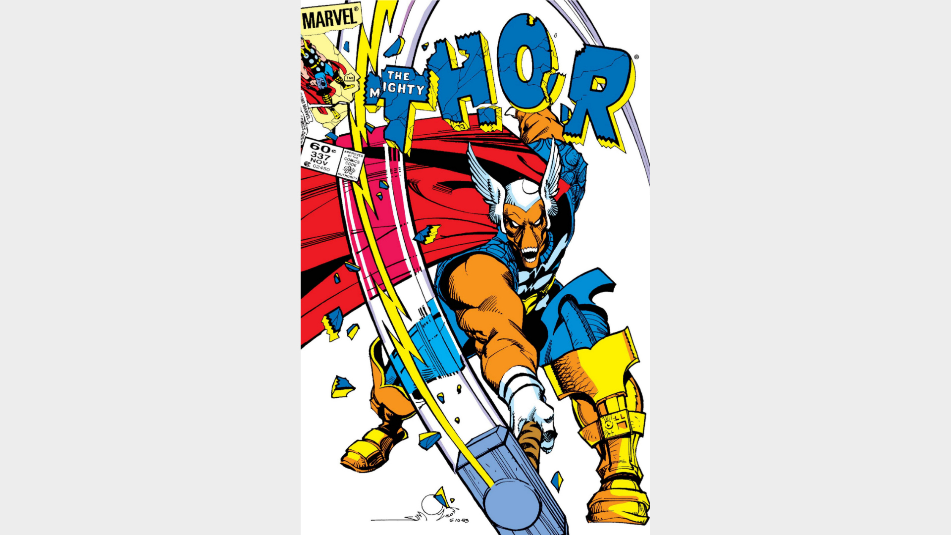 Beta-Ray Bill leaning forward, smashing the Thor logo with his hammer Stormbreaker