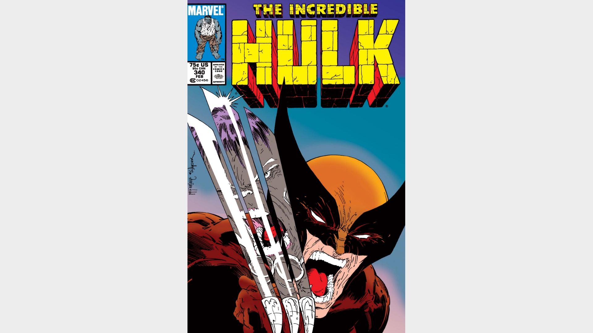 Wolverine snarling in his brown and yellow costume with his claws raised, with grey Hulk reflected in the claws