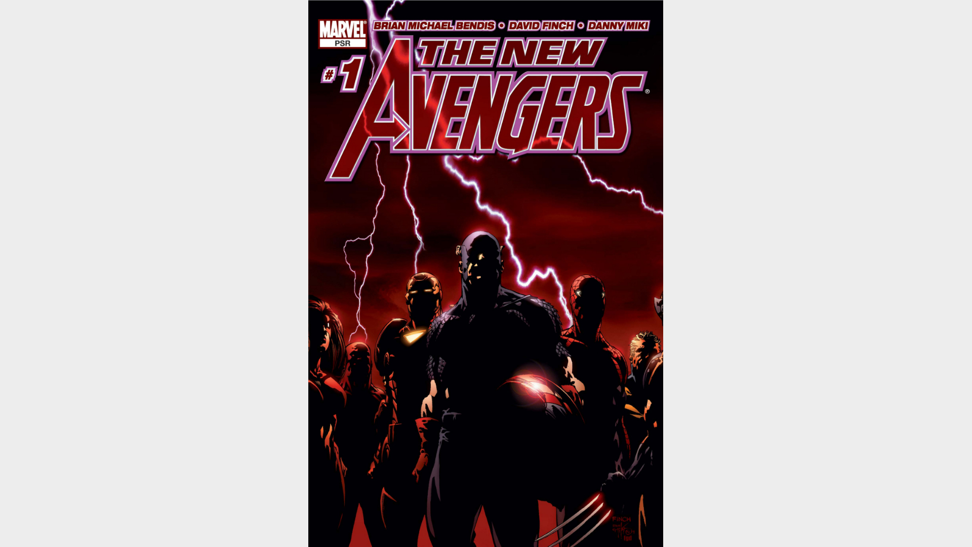 The New Avengers standing in silhouette with lightning striking behind them, including Captain America, Iron Man, Wolverine, Spider-Man, Luke Cage, Sentry, and Spider-Woman