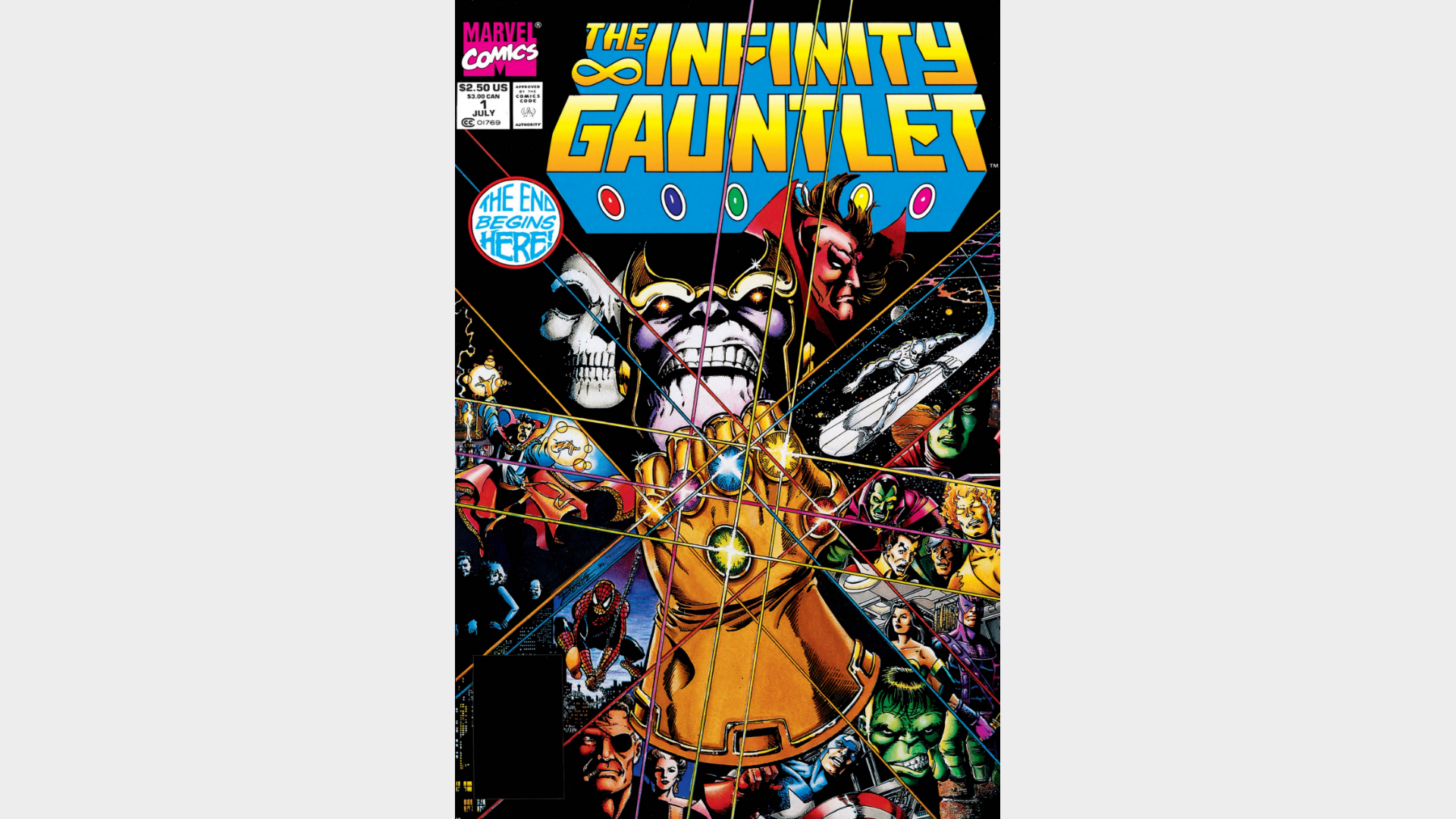 Thanos brandishing the Infinity Gauntlet as the gleam of the Infinity Gems separates the image into sections which show other Marvel characters looking on