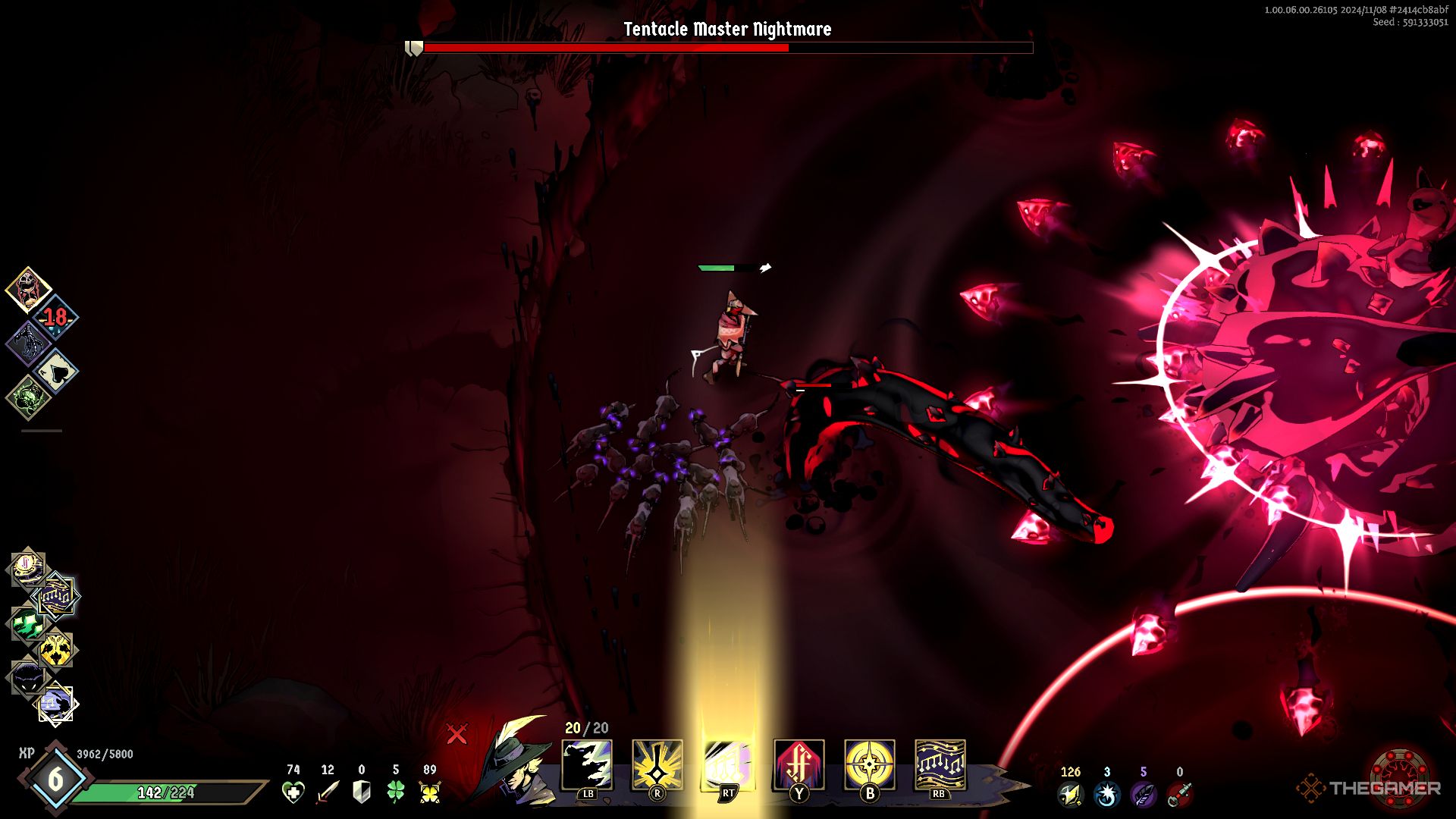 Ravenswatch screenshot of tentacle pulling back and Tentacle Master Nightmare firing arrows.