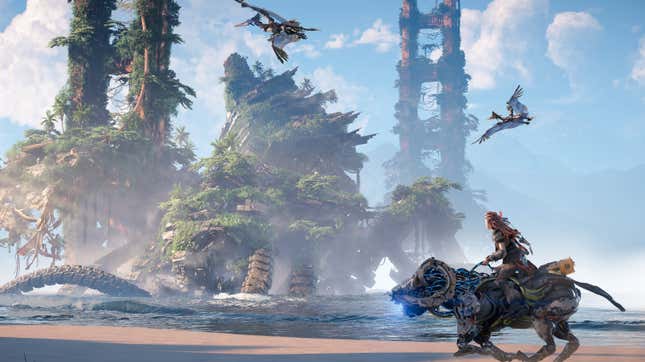 Aloy rides a mechanical beast as she looks at the ruined remains of the Golden Gate Bridge.