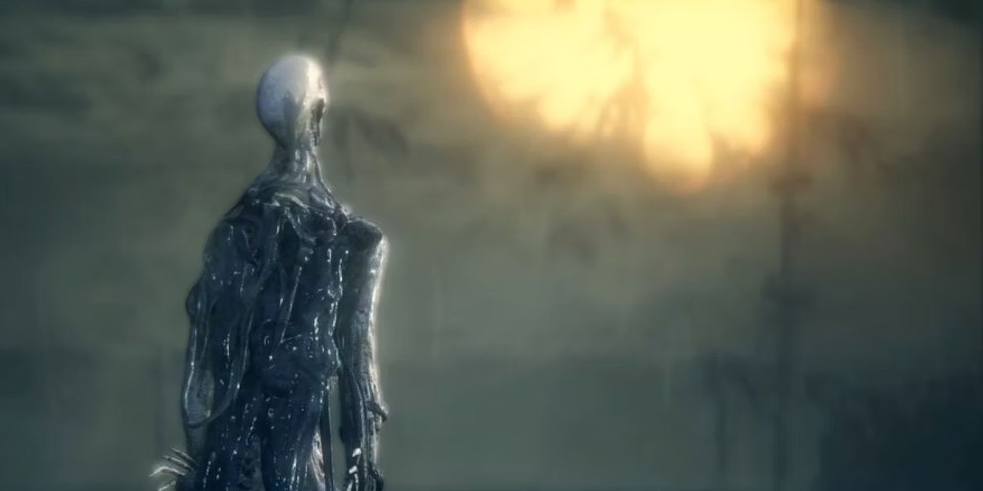 The Orphan Of Kos in Bloodborne Hunters Nightmare looking at the sky.