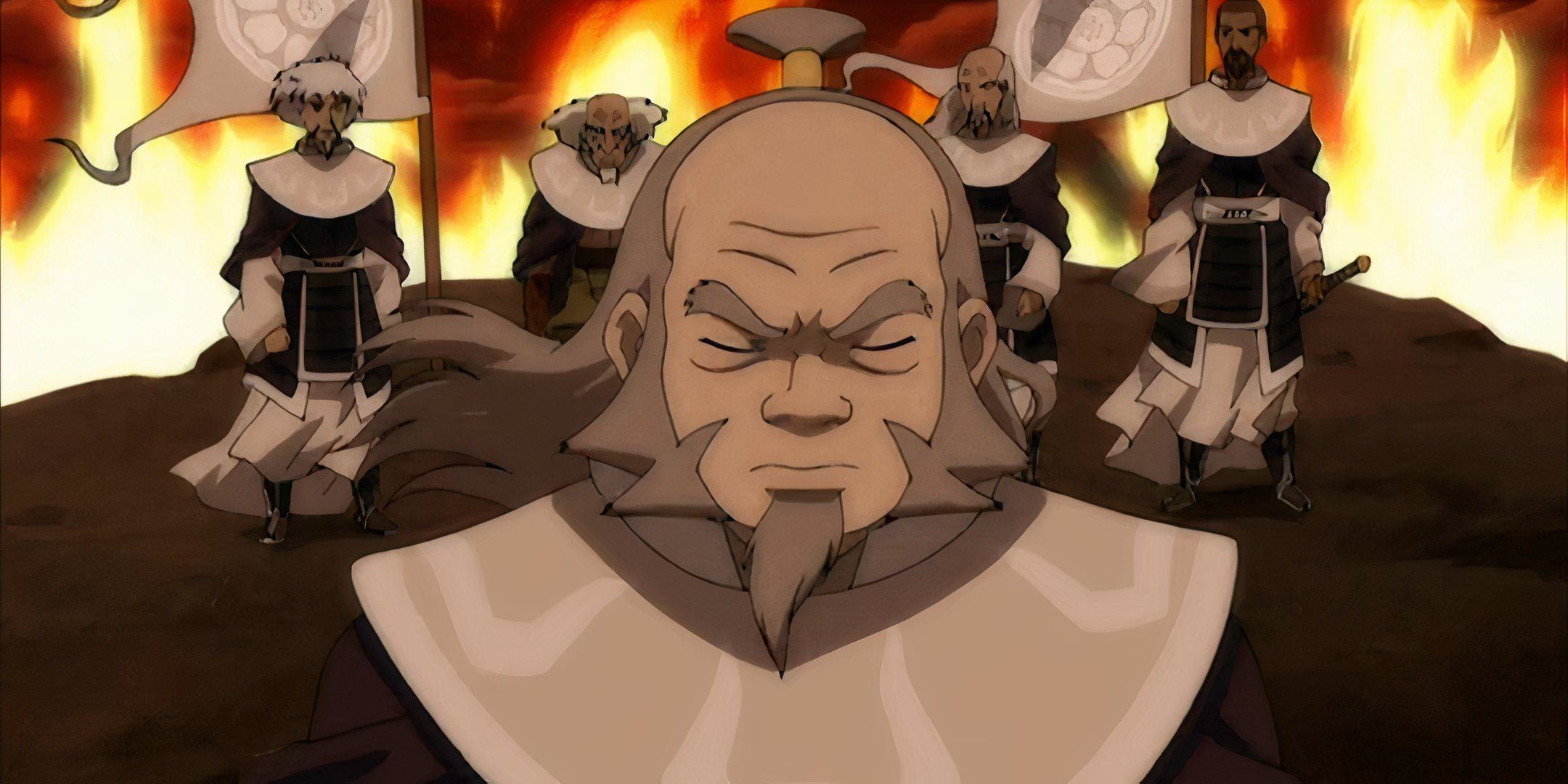 Iroh arriving in Ba Sing Se with the white lotus in Avatar: The Last Airbender.