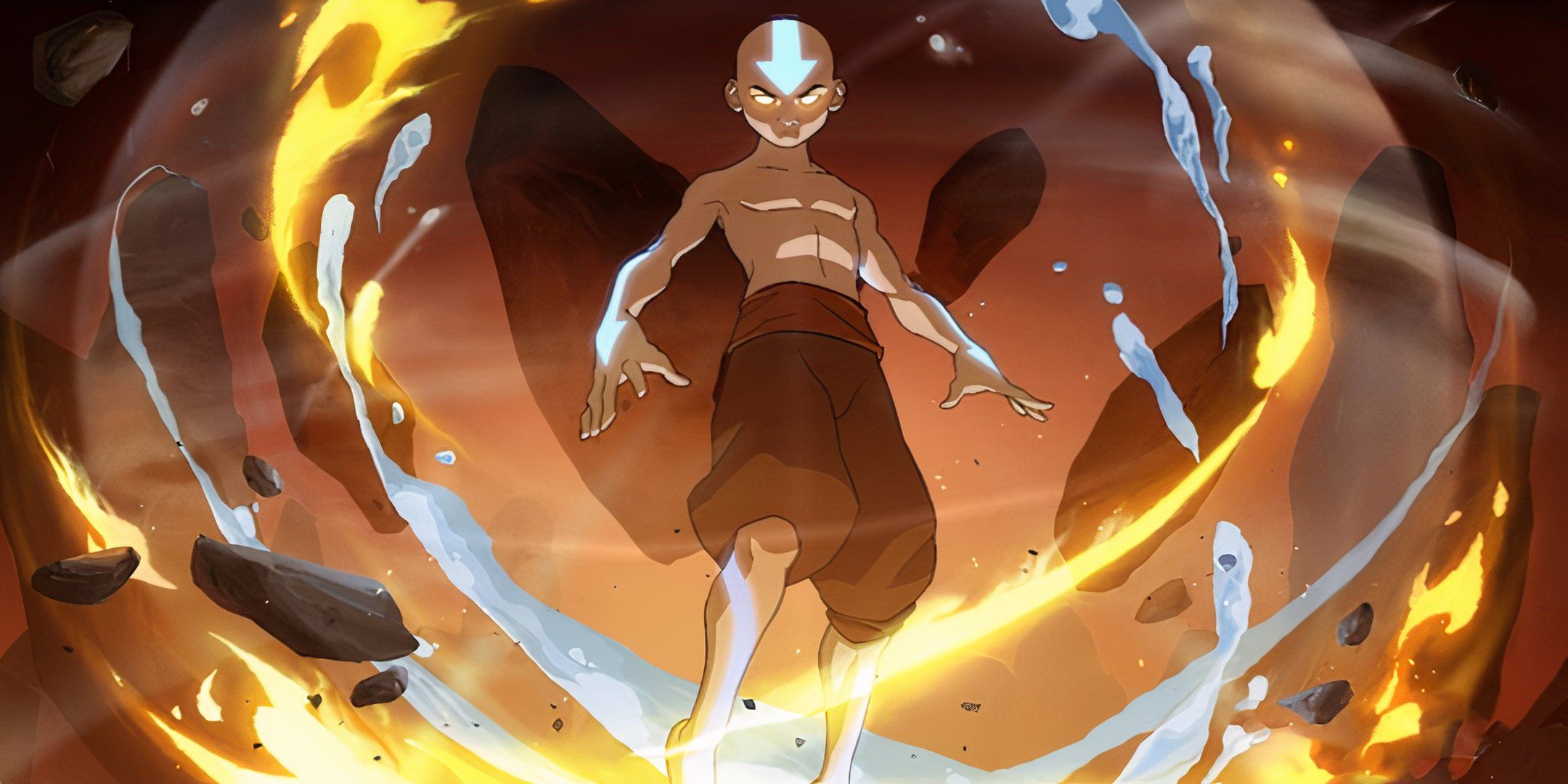 Avatar Aang is floating with all four elements surrounding him in Avatar: The Last Airbender.