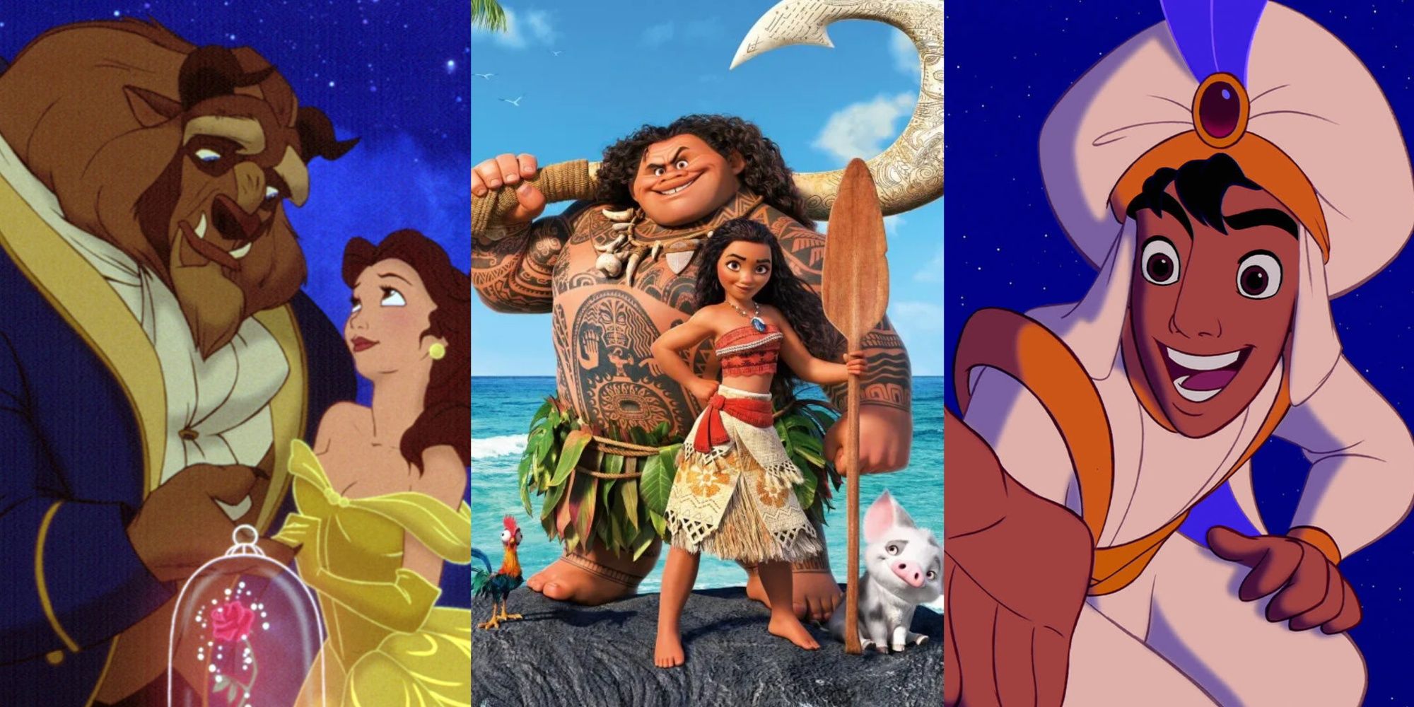 Beauty and The Beast, Moana, Aladdin