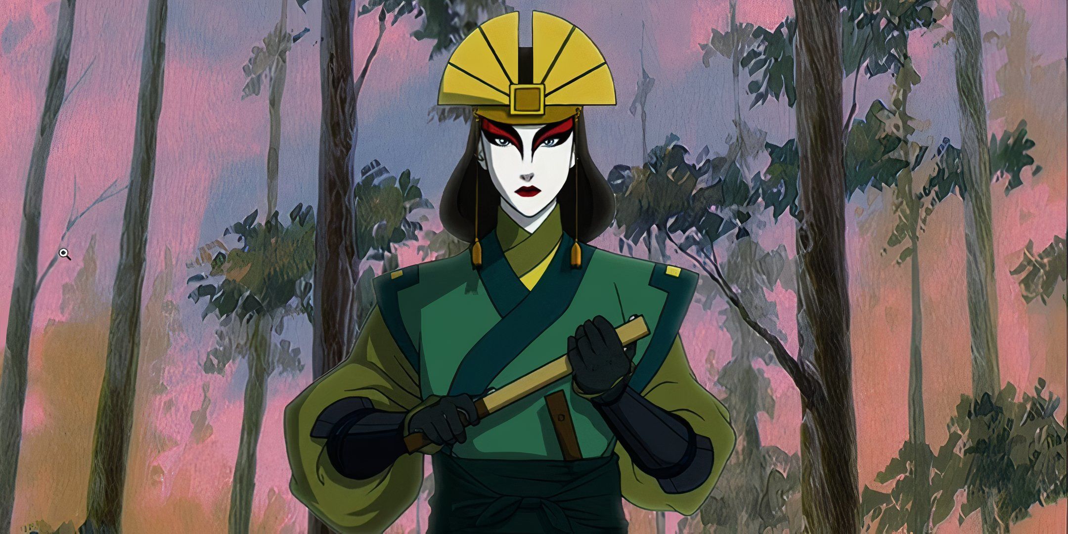 Avatar Kyoshi holding her fan in a forest in Avatar: The Last Airbender..