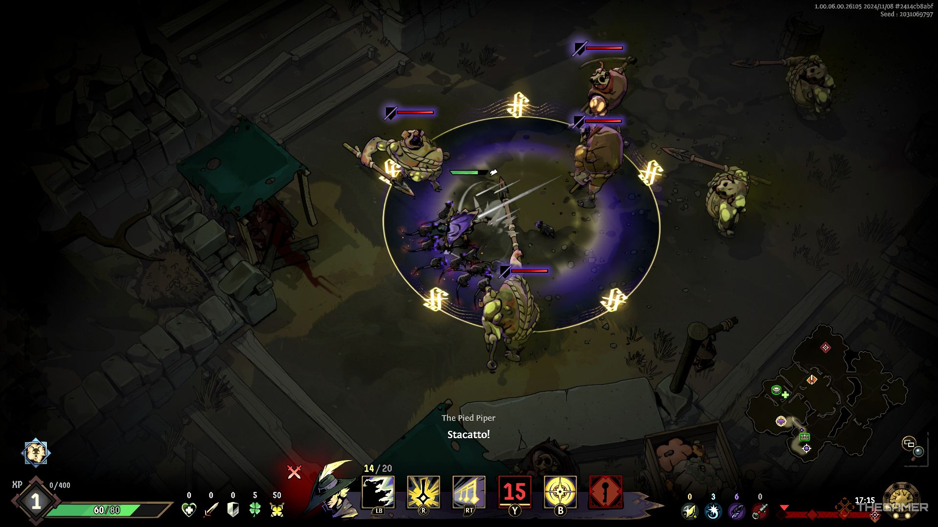 Ravenswatch screenshot of several enemies standing inside a Fortissimo circle.