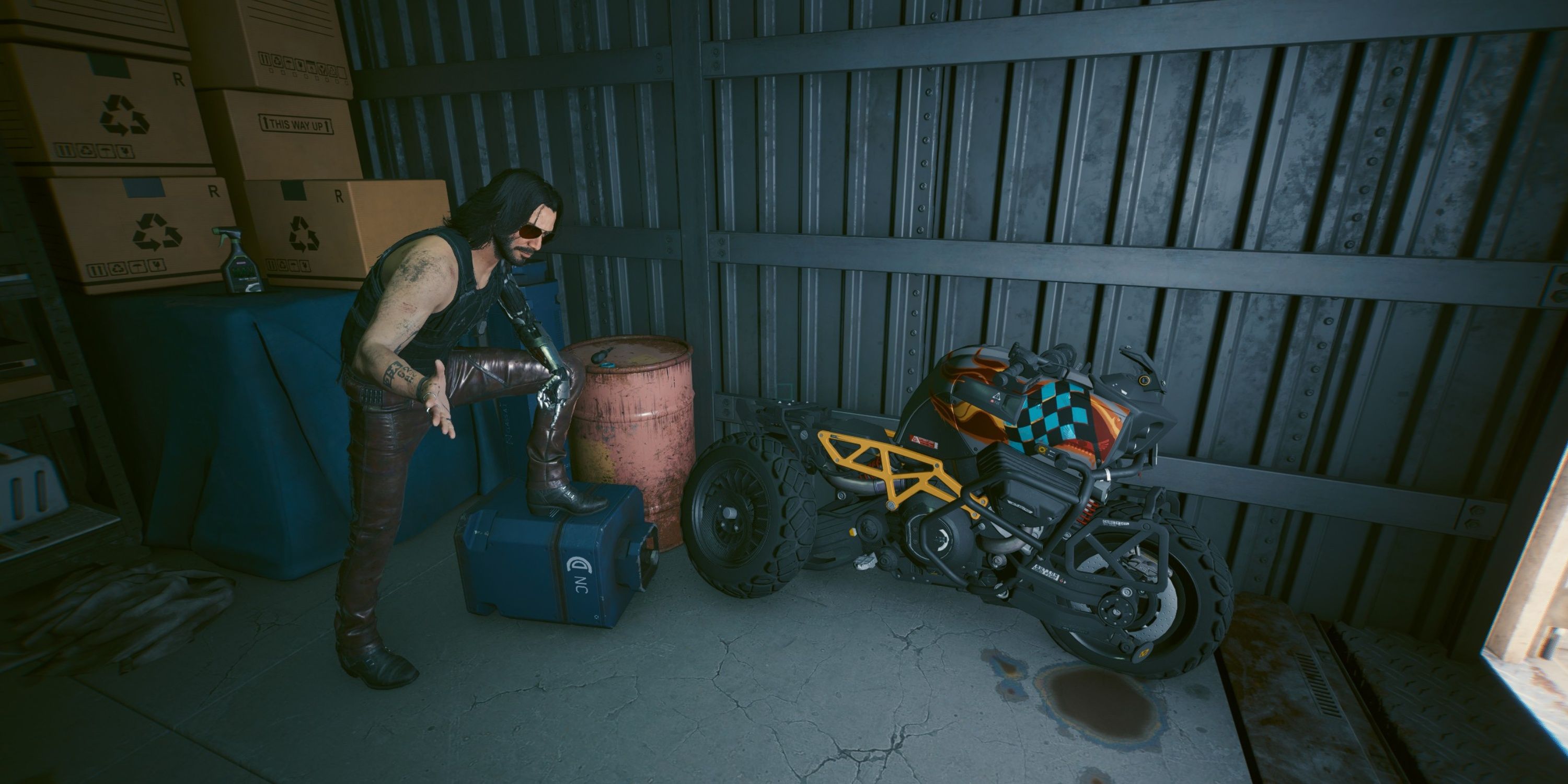 johnny silverhand inspects the highwayman bike