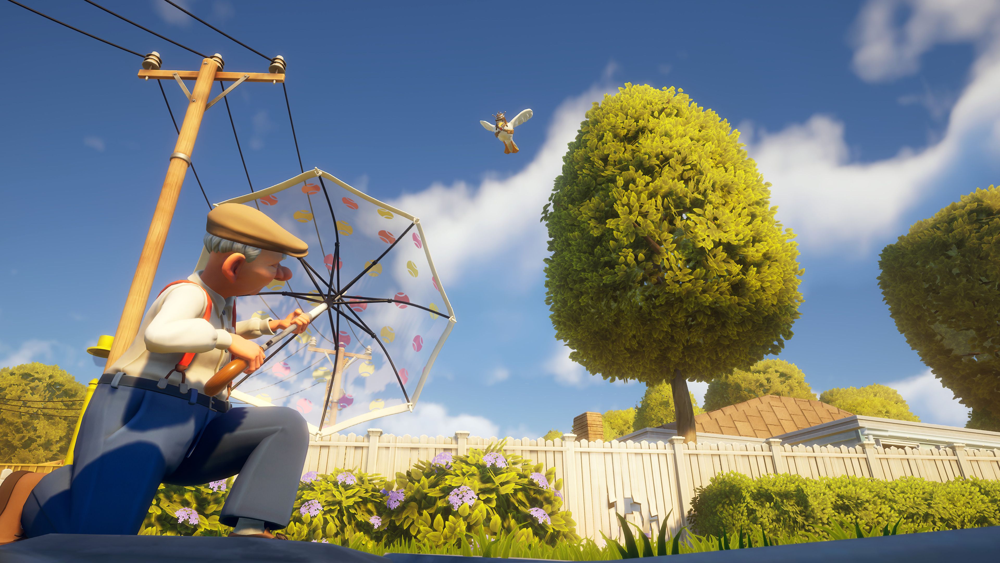 An old man using an umbrella as a shield while a goose is flying above him.