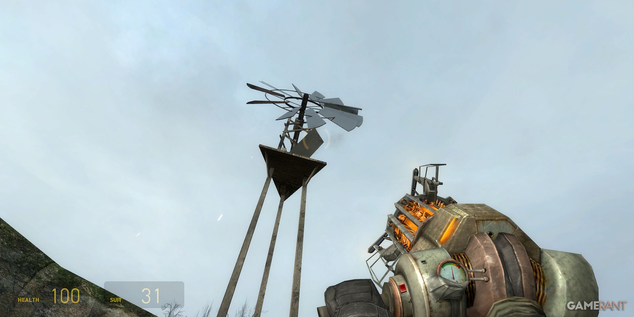 Character using the Gravity Gun to throw an object at windmill in Half-Life 2