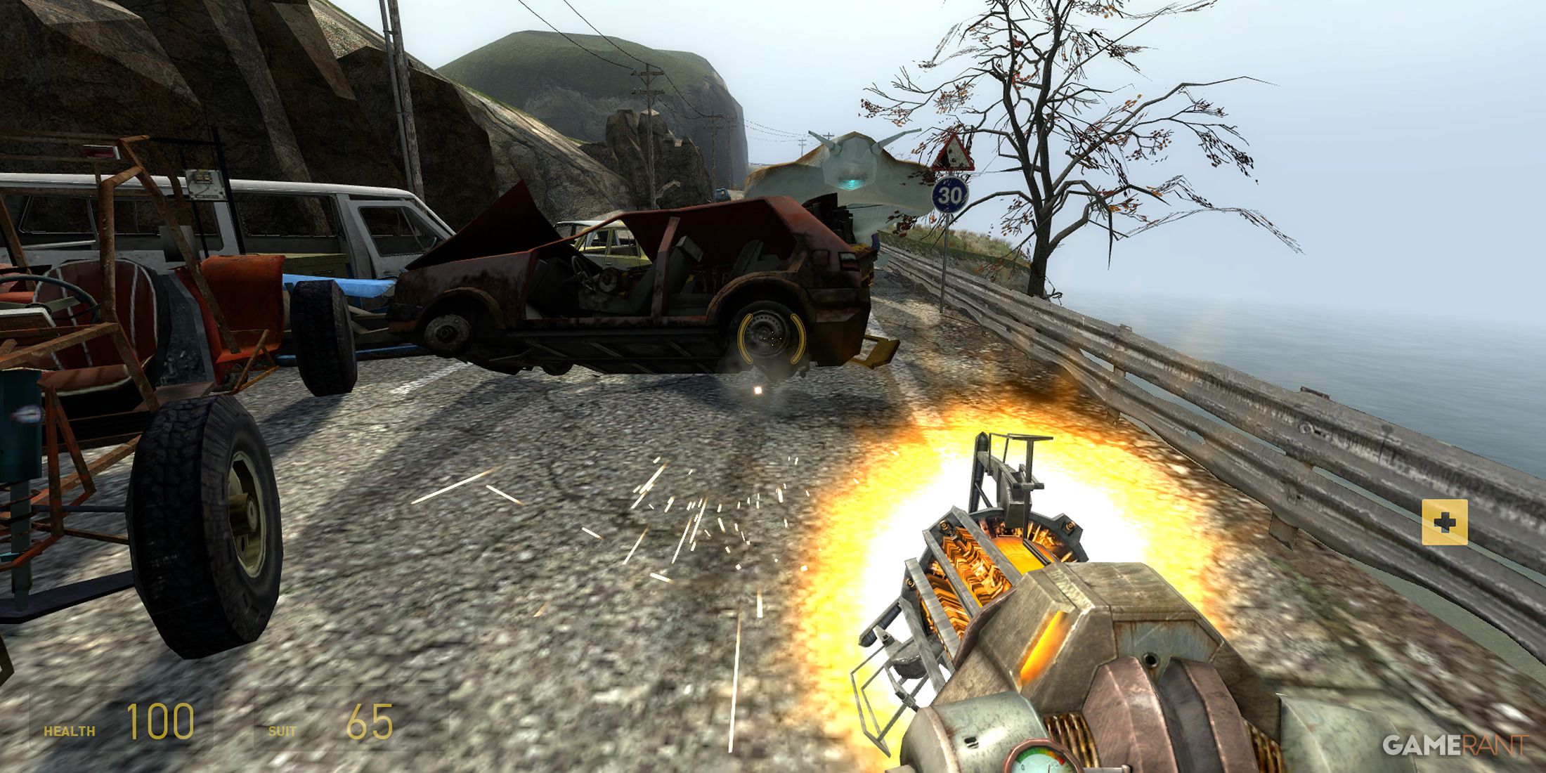 Character using the Gravity Gun to flip a car in Half-Life 2