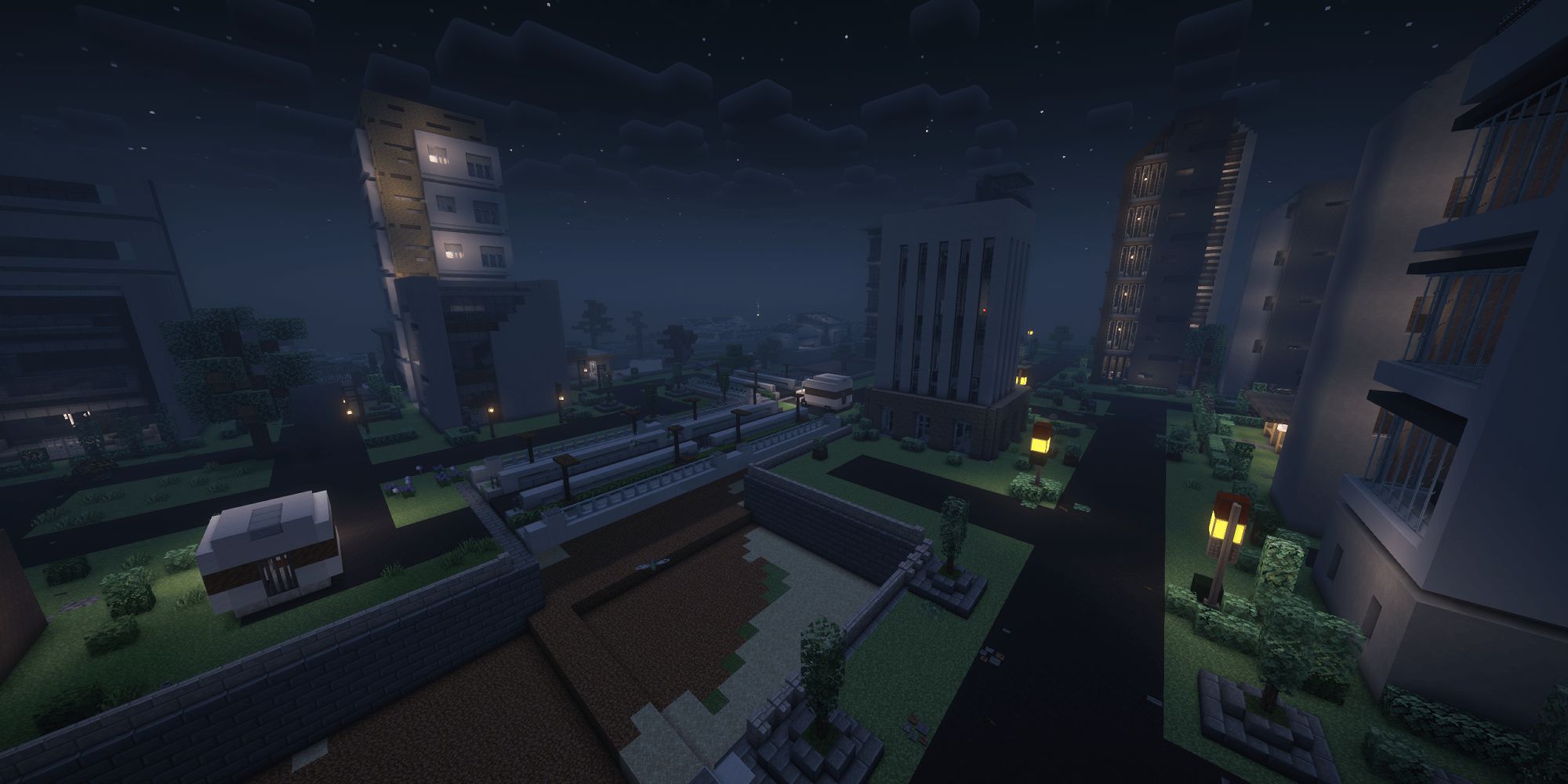 A modern city at night in DeceasedCraft mod.