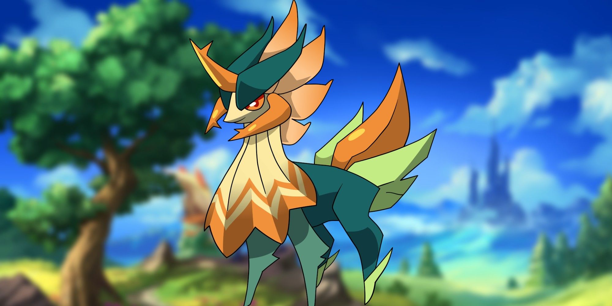 Raksuma official art from Nexomon: Extinction with a blurry landscape in the background.