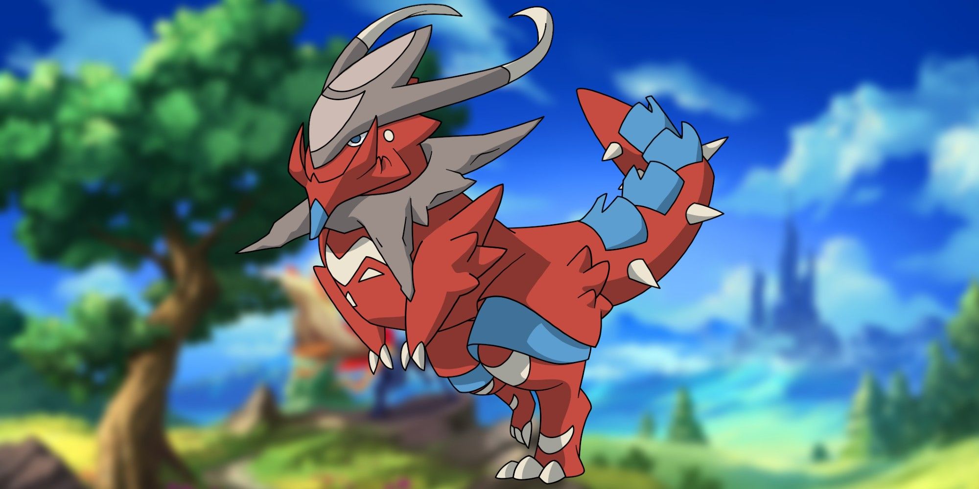 Tresaur official art from Nexomon: Extinction with a blurry landscape in the background.