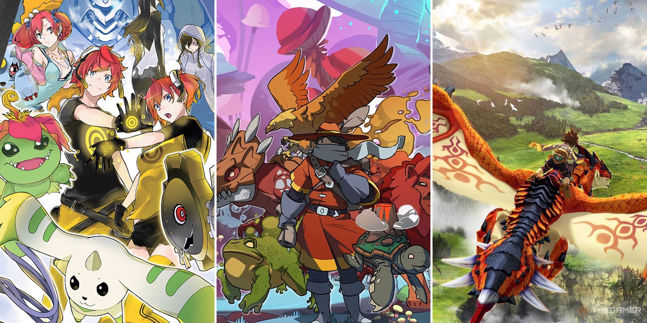 Digimon Story: Cyber Sleuth, Monster Sanctuary, and Monster Hunter Stories 2 split title art.