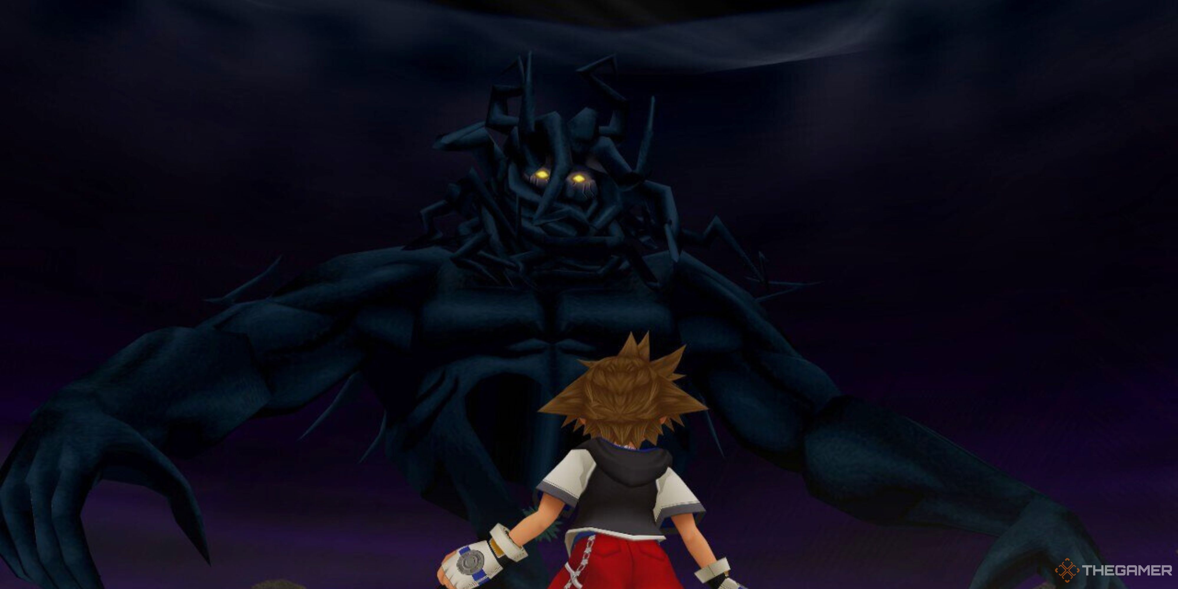 Sora faces a giant heartless in Kingdom Hearts.