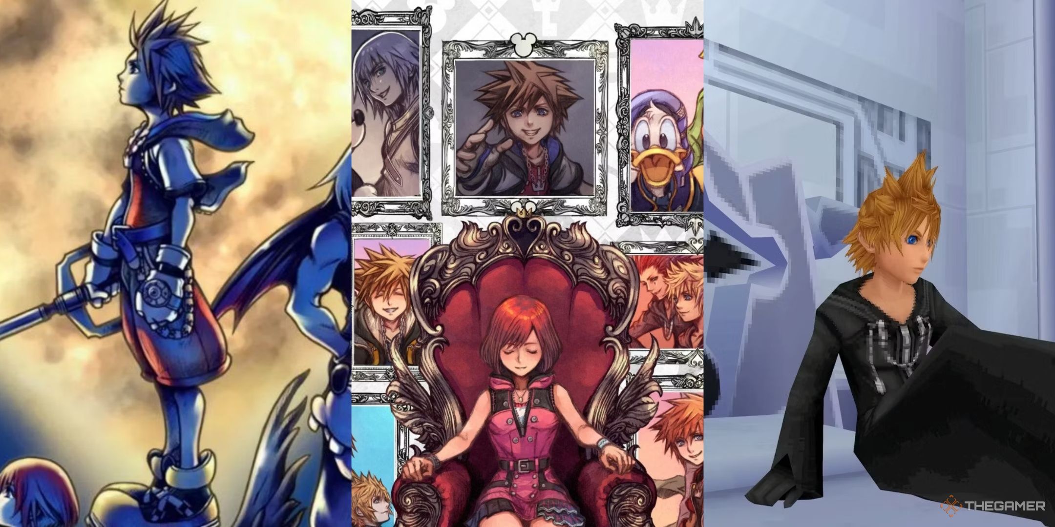 Sora looking up and to the left on the box art of Kingdom Hearts, Kairi sitting in a chair with portraits around her on the Melody of Memory box art, and Roxas sat up in his bed in 358/2 Days.