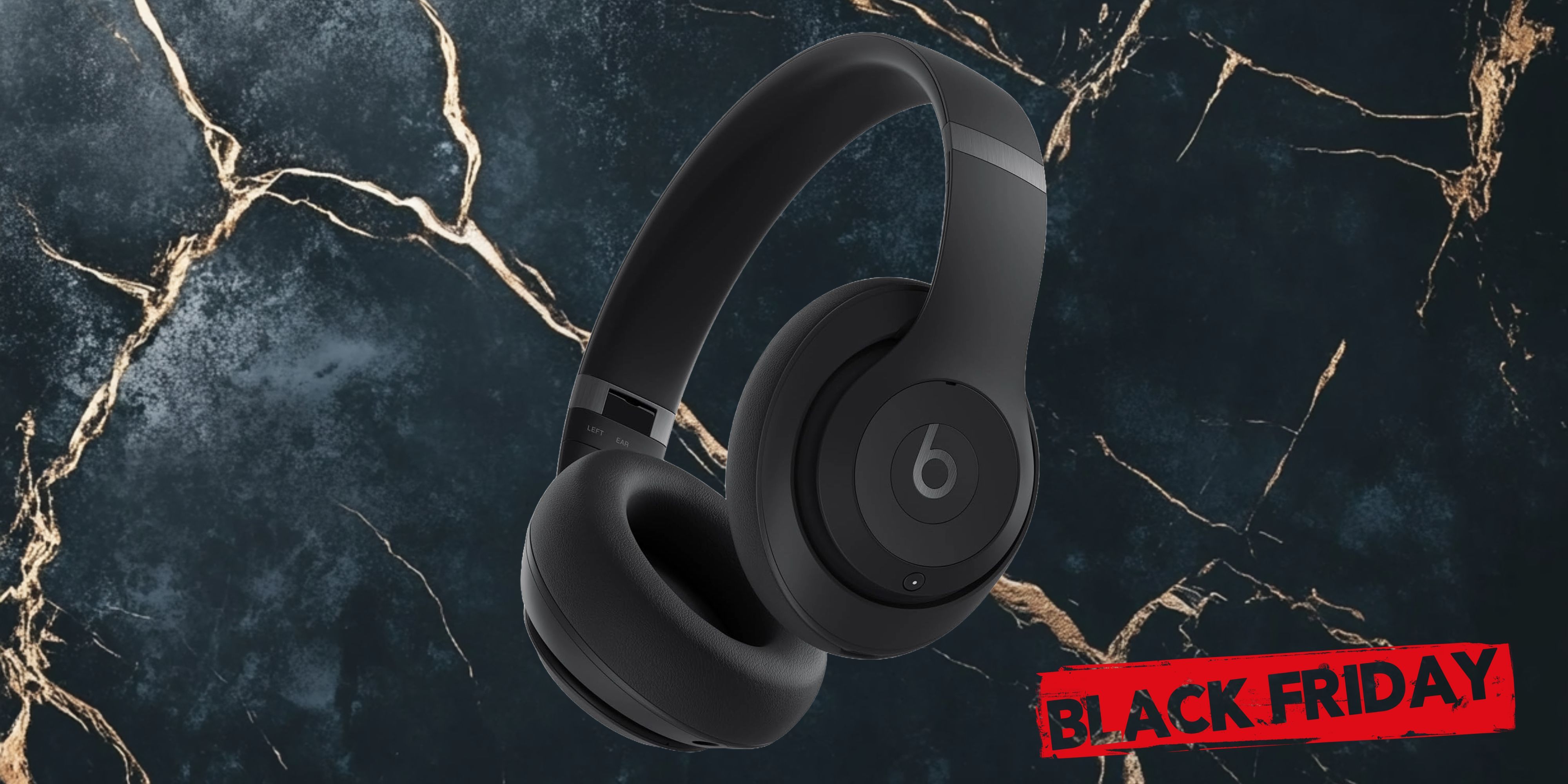 Image Of Beats Studio Pro on a black marble surface, along with the black friday tag