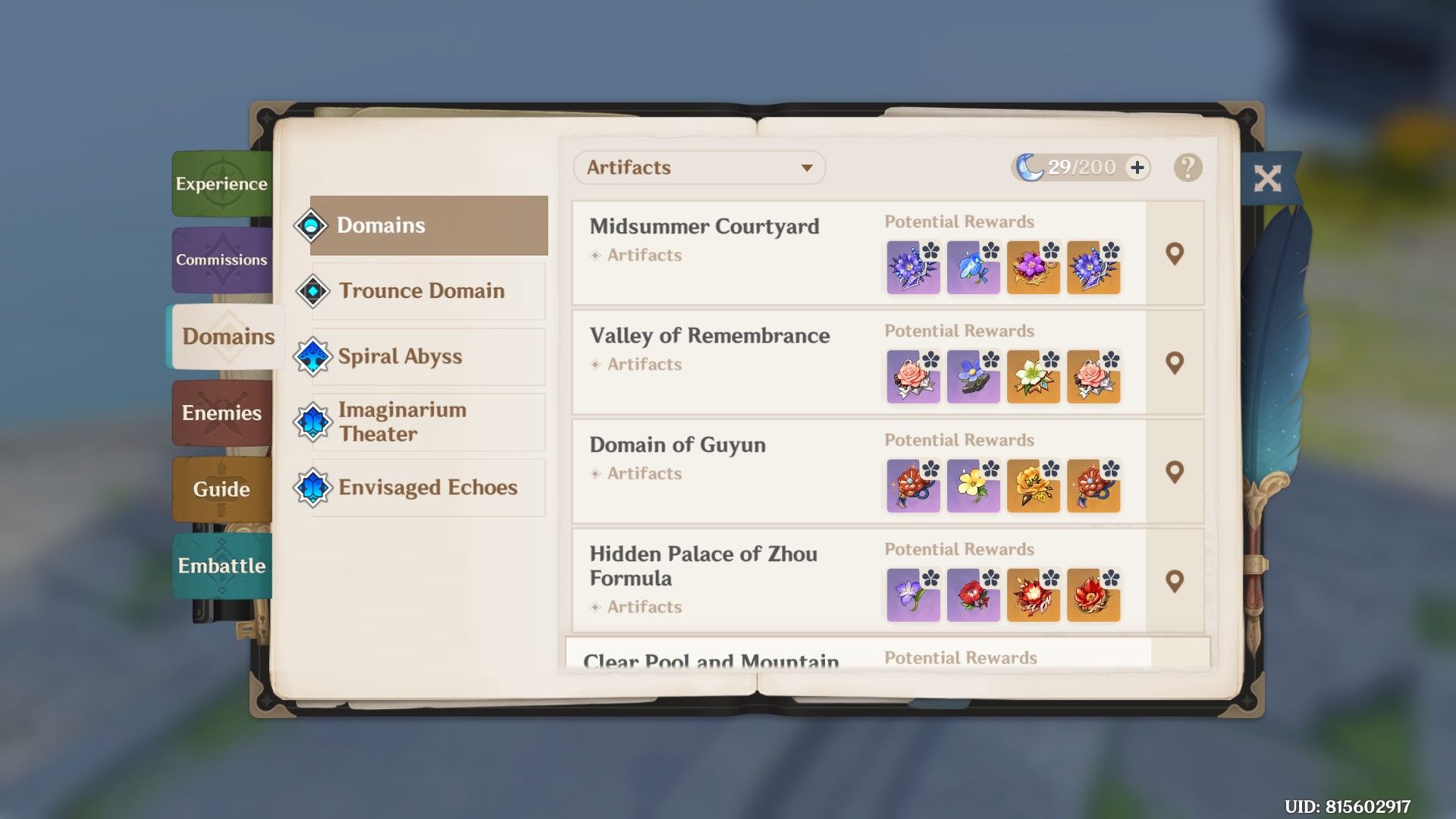 Genshin Impact - Artifact domain in Adventurer's Handbook