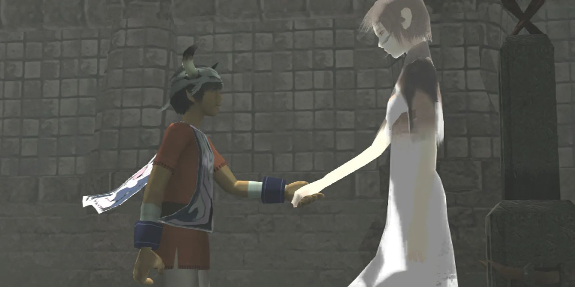 A screenshot from Ico, featuring Ico and Yorda holding hands.