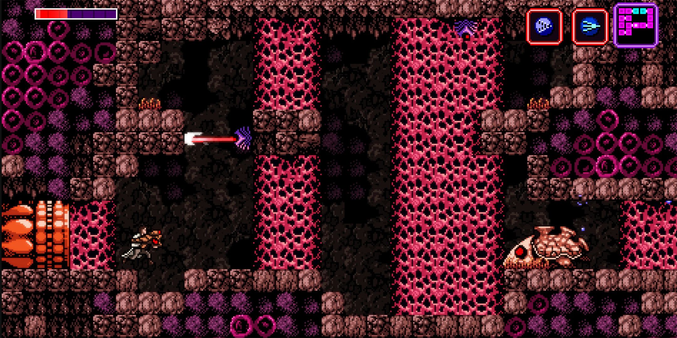 Trace Eschenbrenner exploring a red area in Axiom Verge,