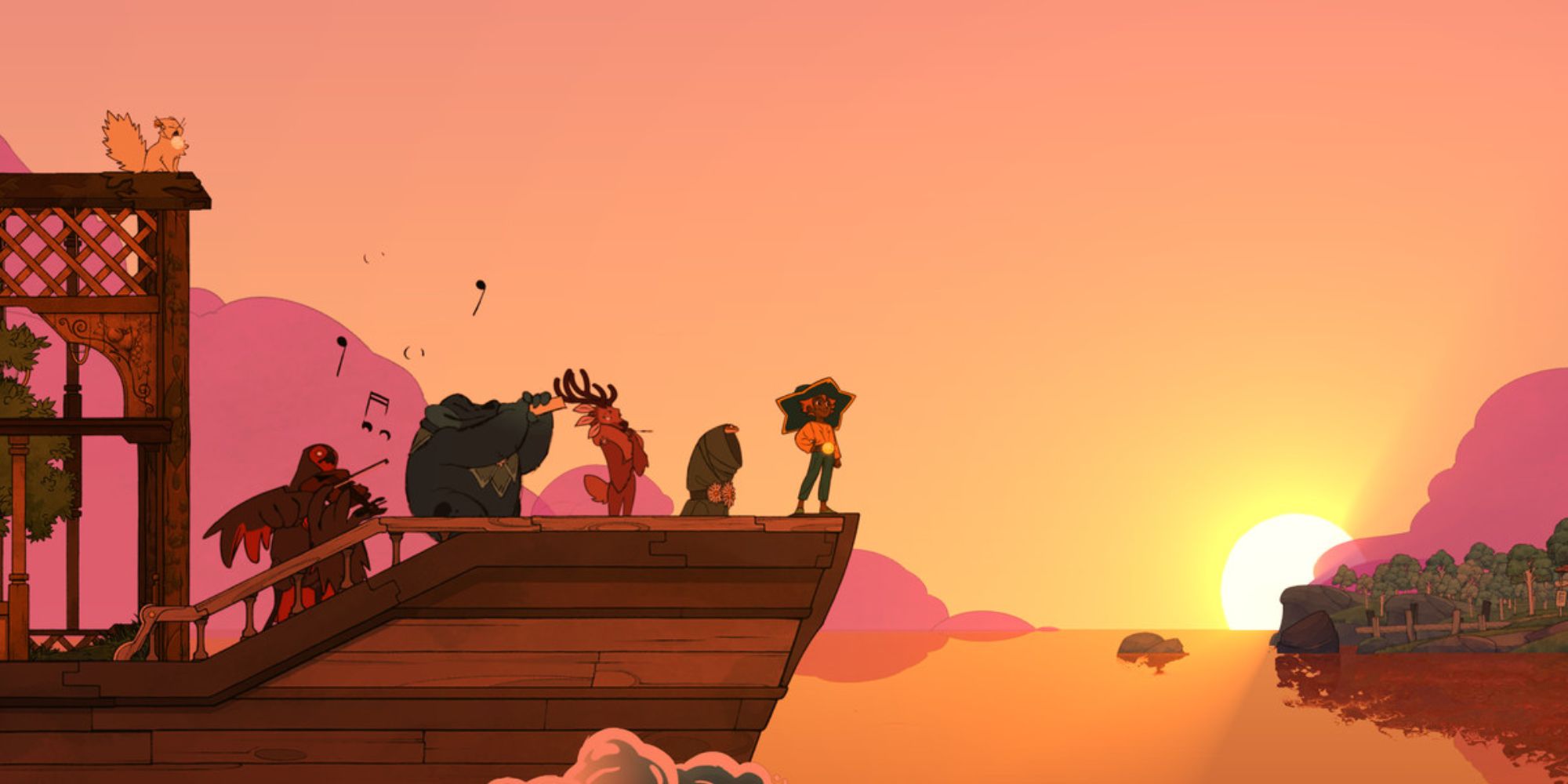 Stella, Atul and Gwen playing music on the edge of their boat with the sun setting in the distance in Spiritfarer.