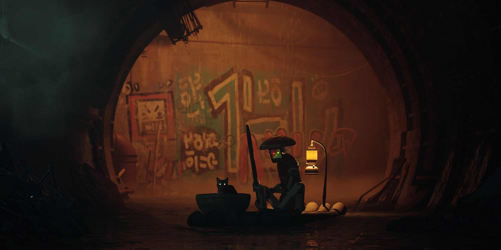 A screenshot from Stray, feauting the cat protagonist and Momo sitting together on a small hboat, drifting through a dimly lit tunnel.