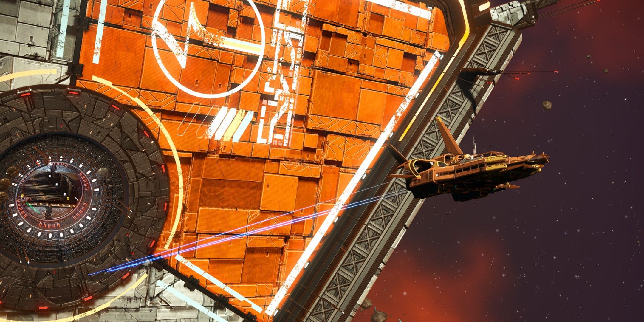 A small orange ship leaving a large space station