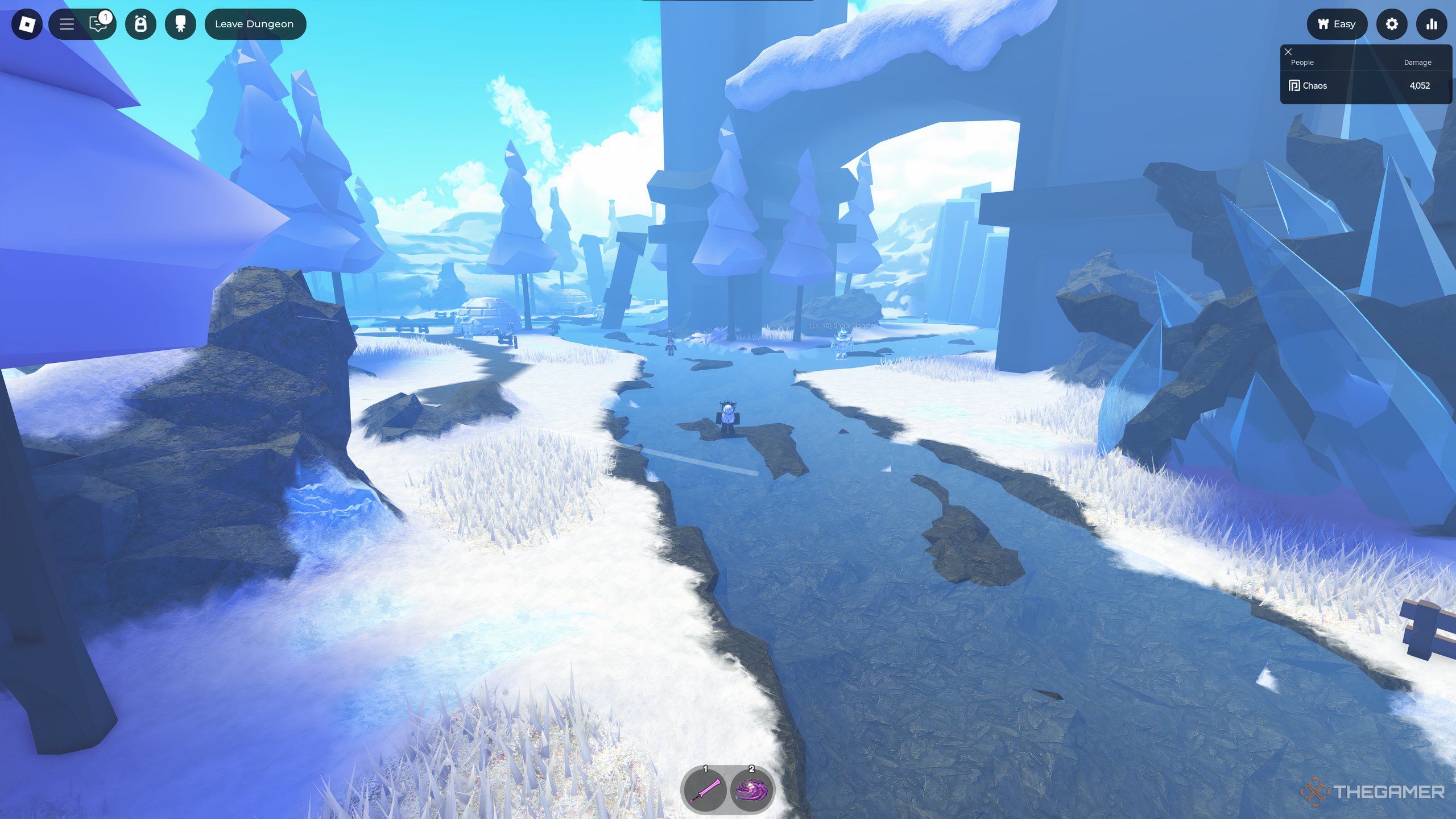 A player in the Snow Castle dungeon in Roblox: Elemental Dungeons.