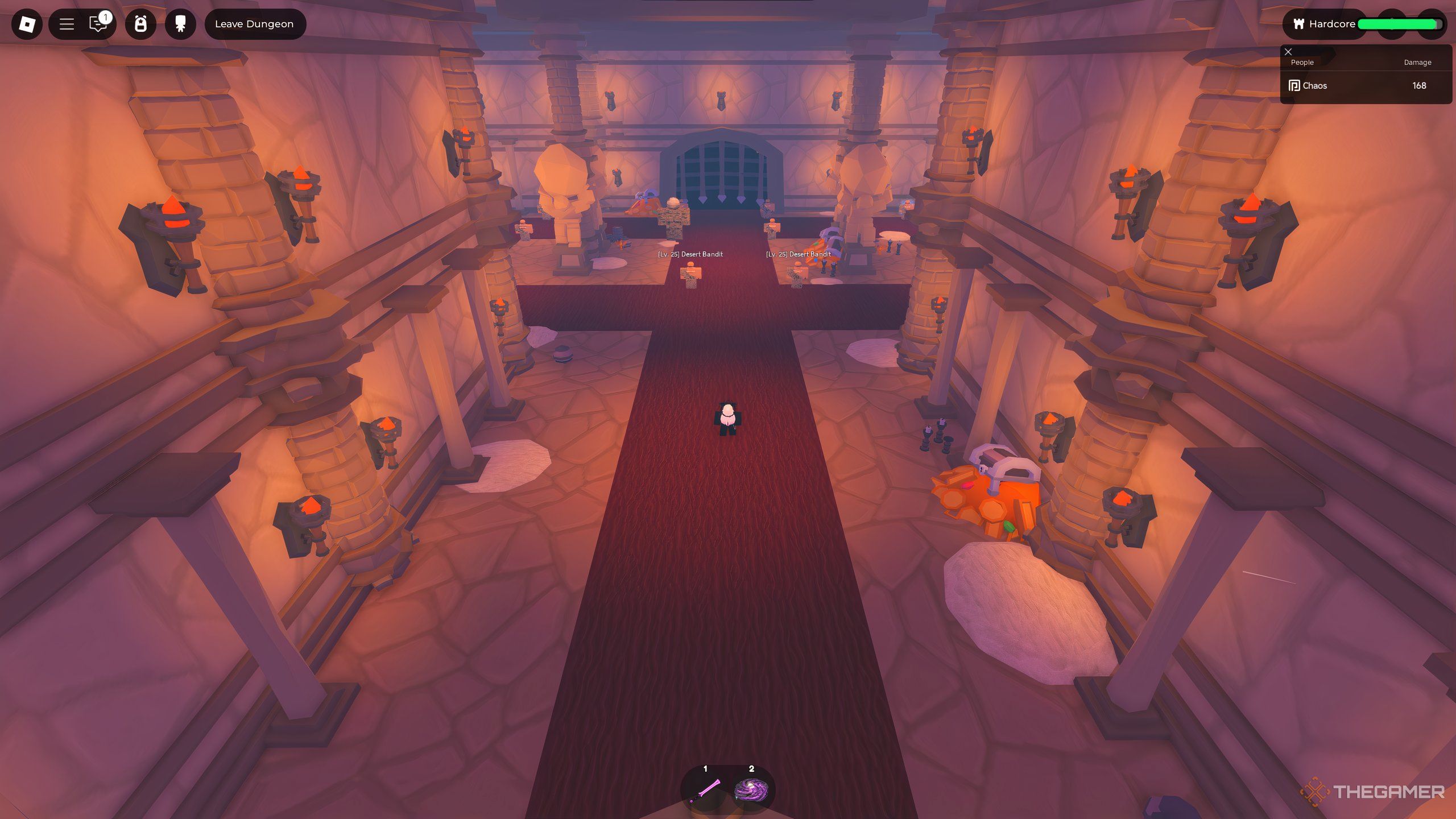 A player in the Ancient Tomb dungeon, in Roblox: Elemental Dungeons.