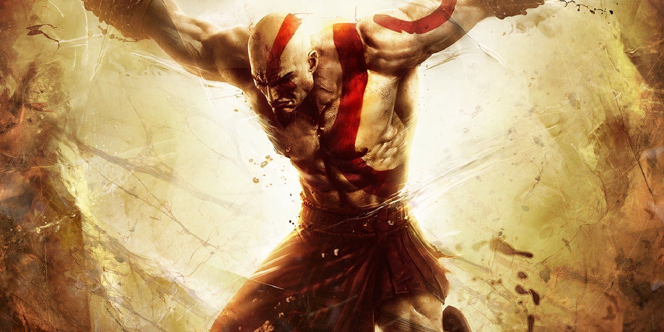 Kratos chained up against a golden background in God of War: Ascension.