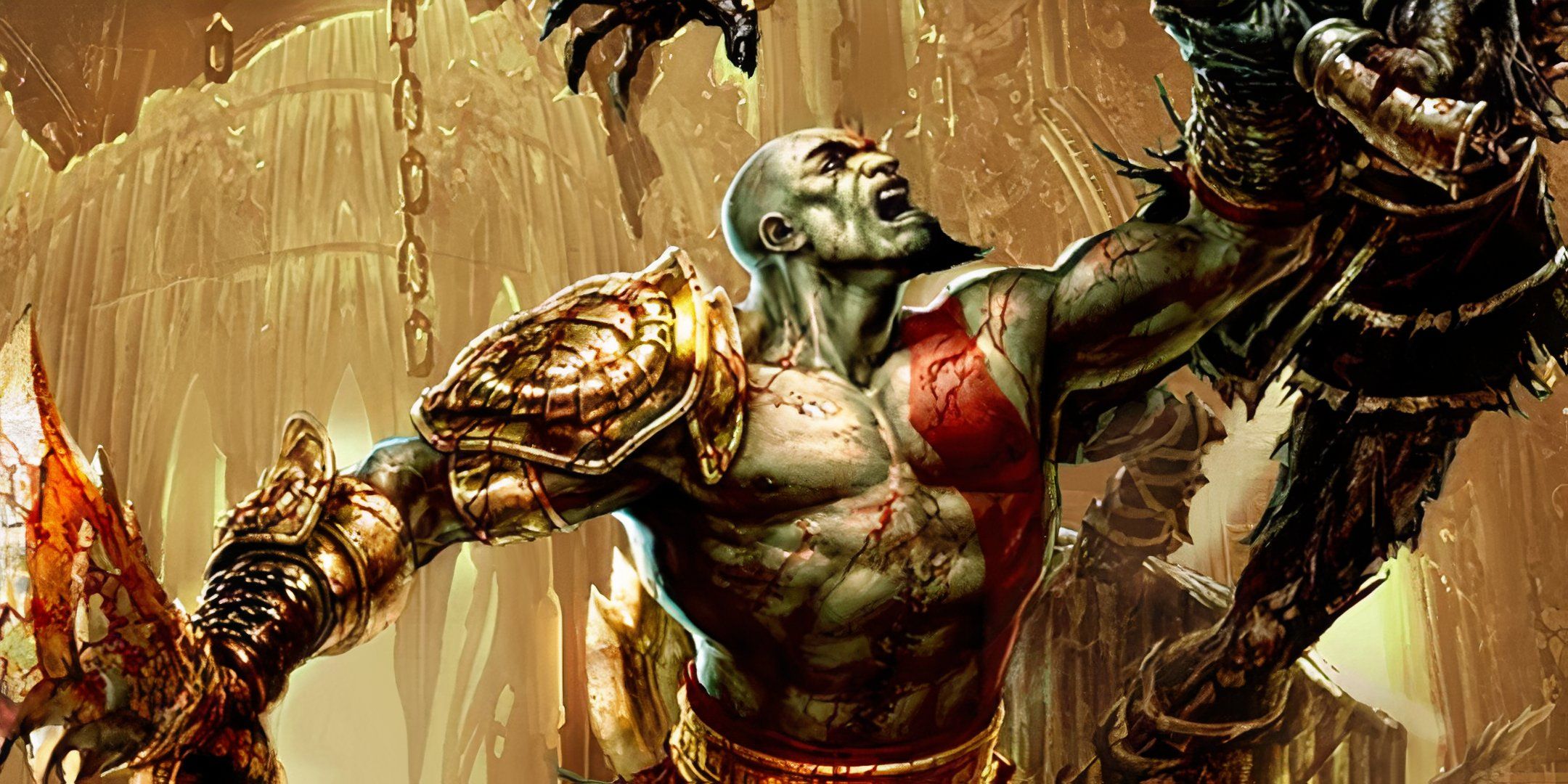 Kratos holding up an enemy and his Blade of Exile in God of War 3. 