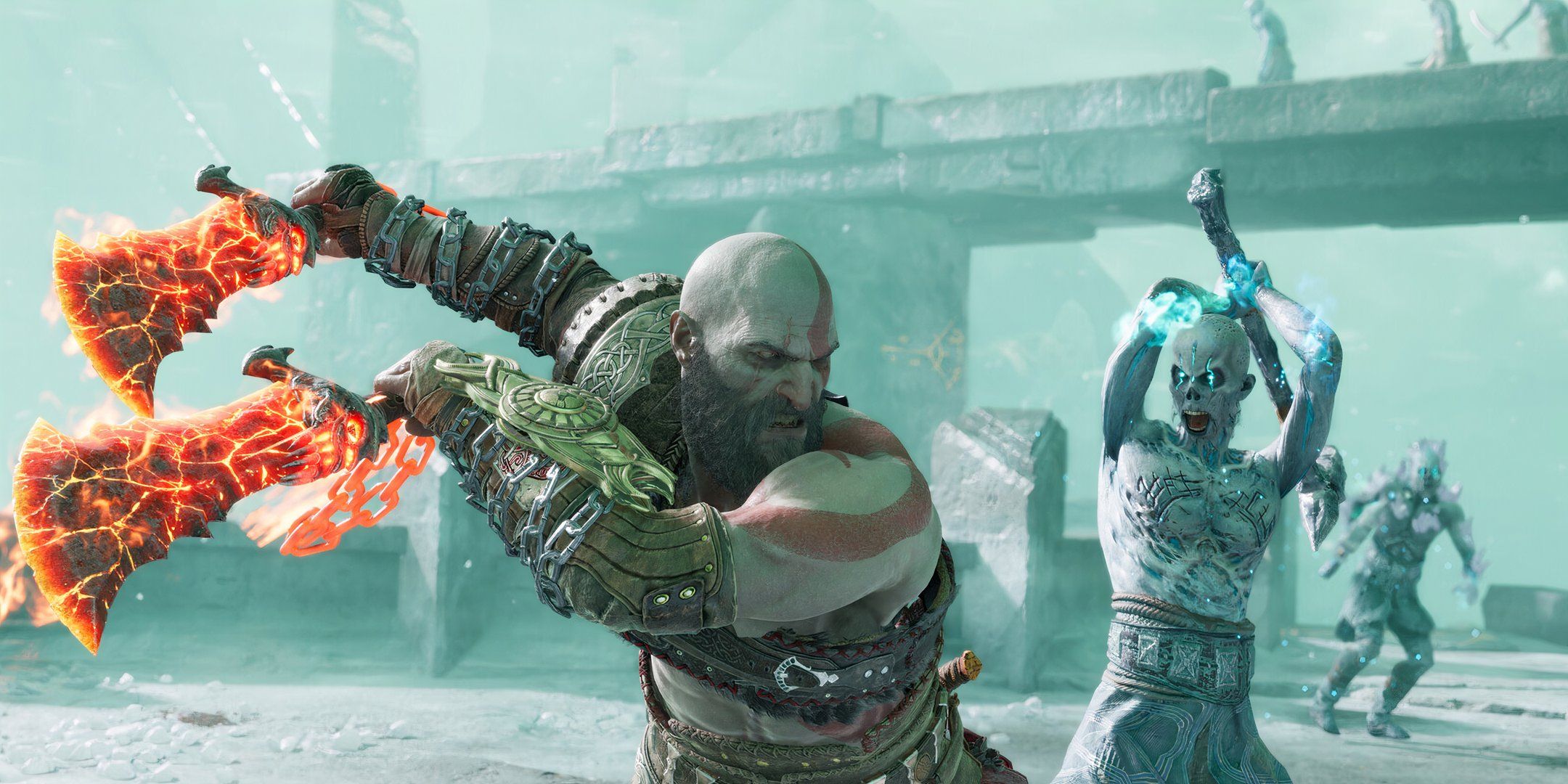 Kratos about to stab an enemy with his Blades of Chaos in God of War: Ragnarok. 