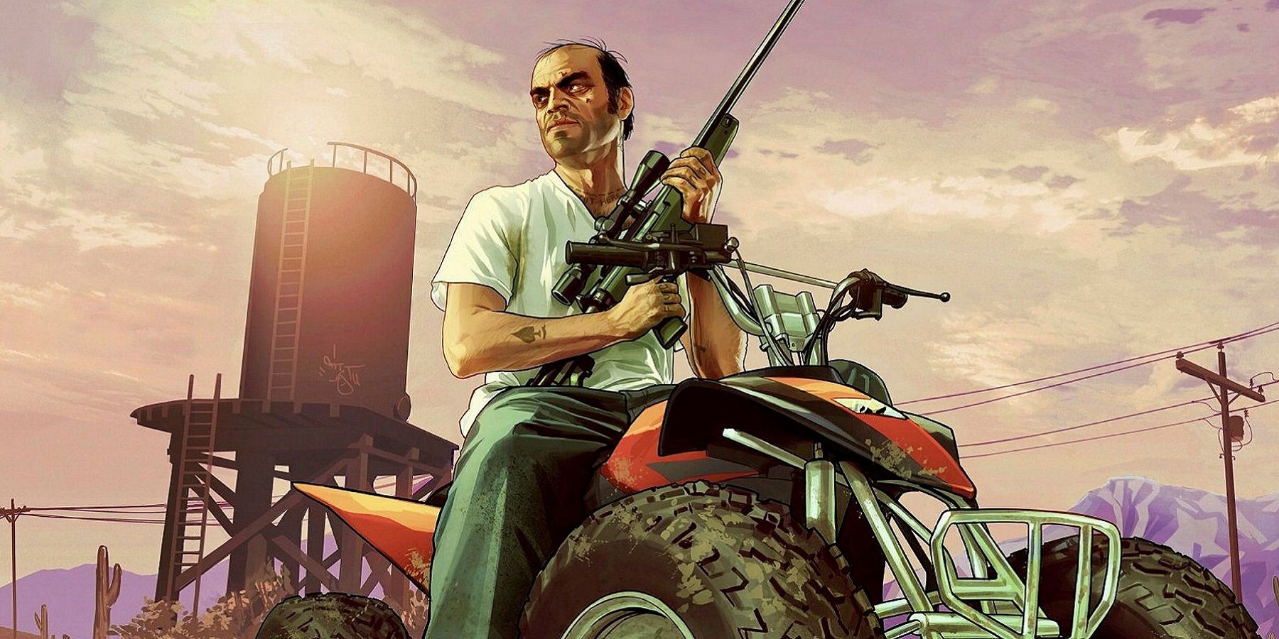 An image from Grand Theft Auto 5 showing Trevor on a quad bike while he holds a sniper rifle.