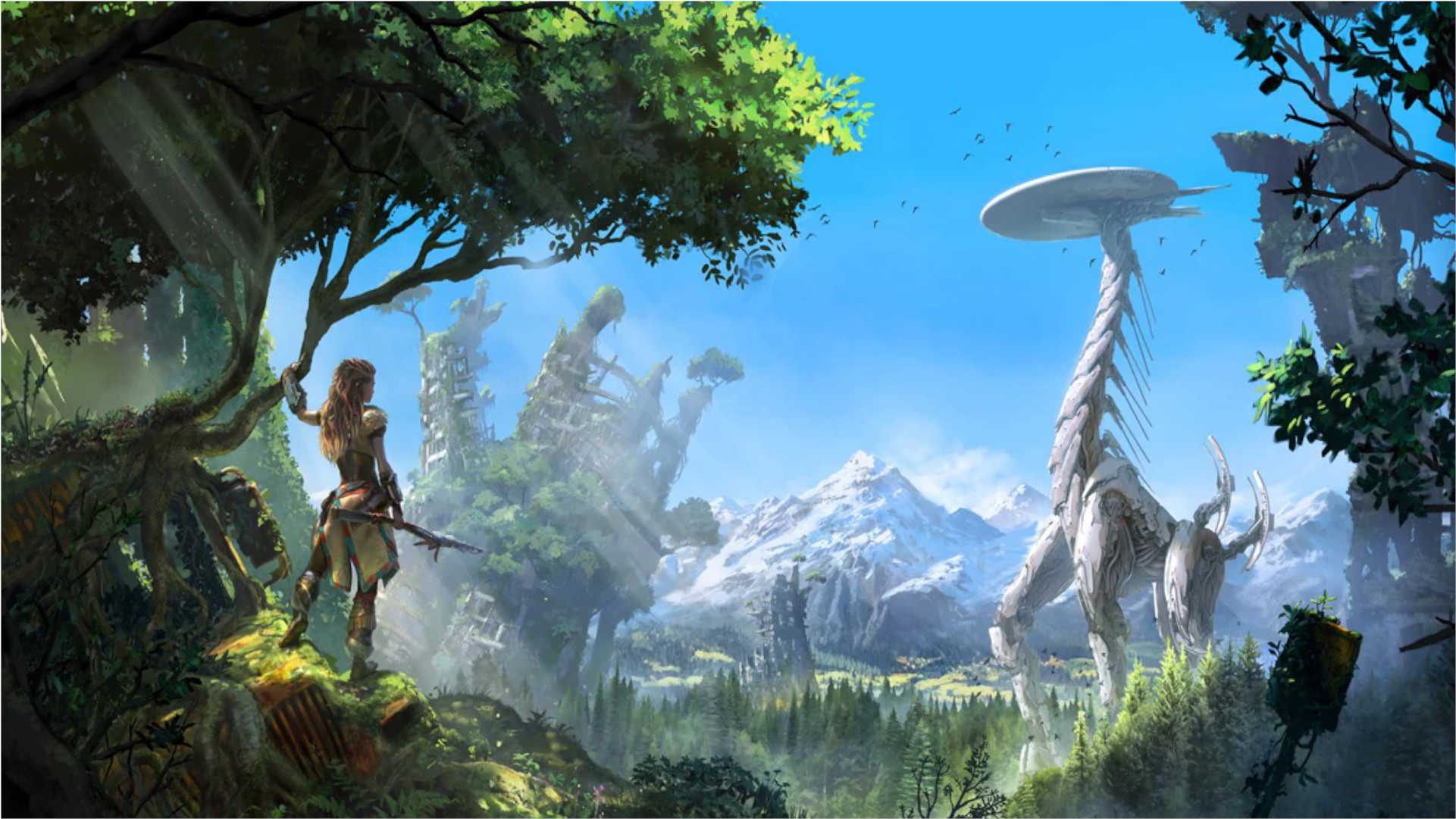 a spear-wielding red-haired woman in what appears to be Native American-inspired clothing stands under a tree to the left of the screen, looking out at a valley filled with robot dinosaurs and snow-capped mountains in the background. the sun streaks down from the left to the right diagonally