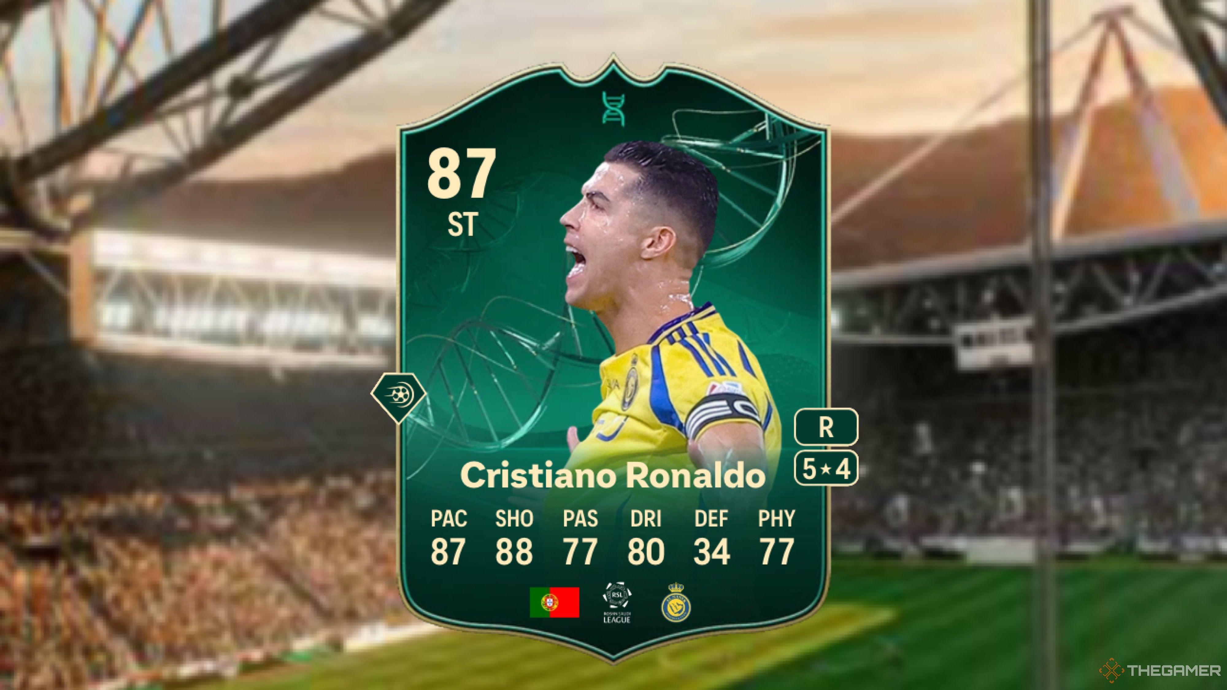 Image showing Ronaldo card against a faded stadium background.