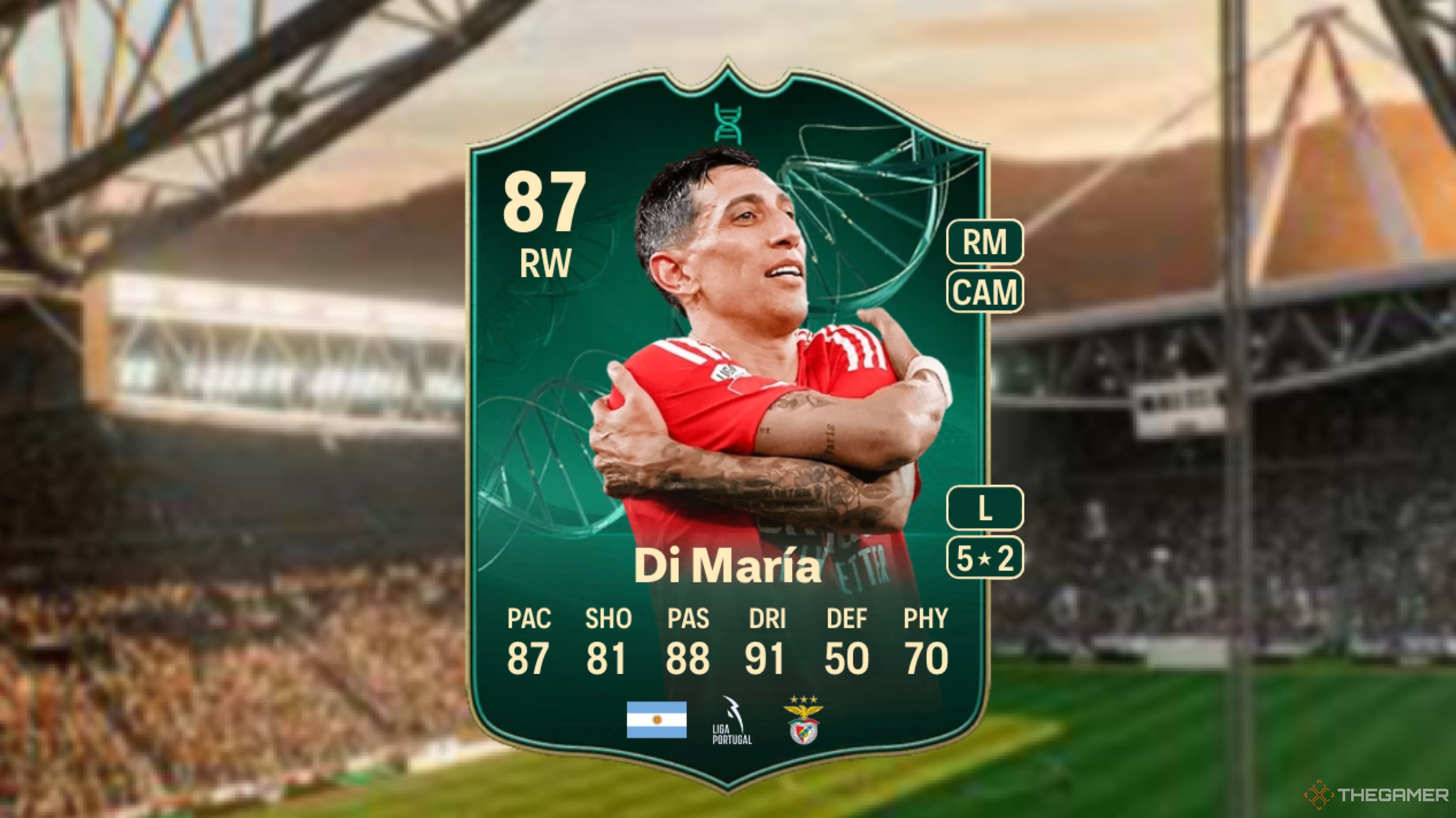 Image showing Di María card against a faded stadium background.