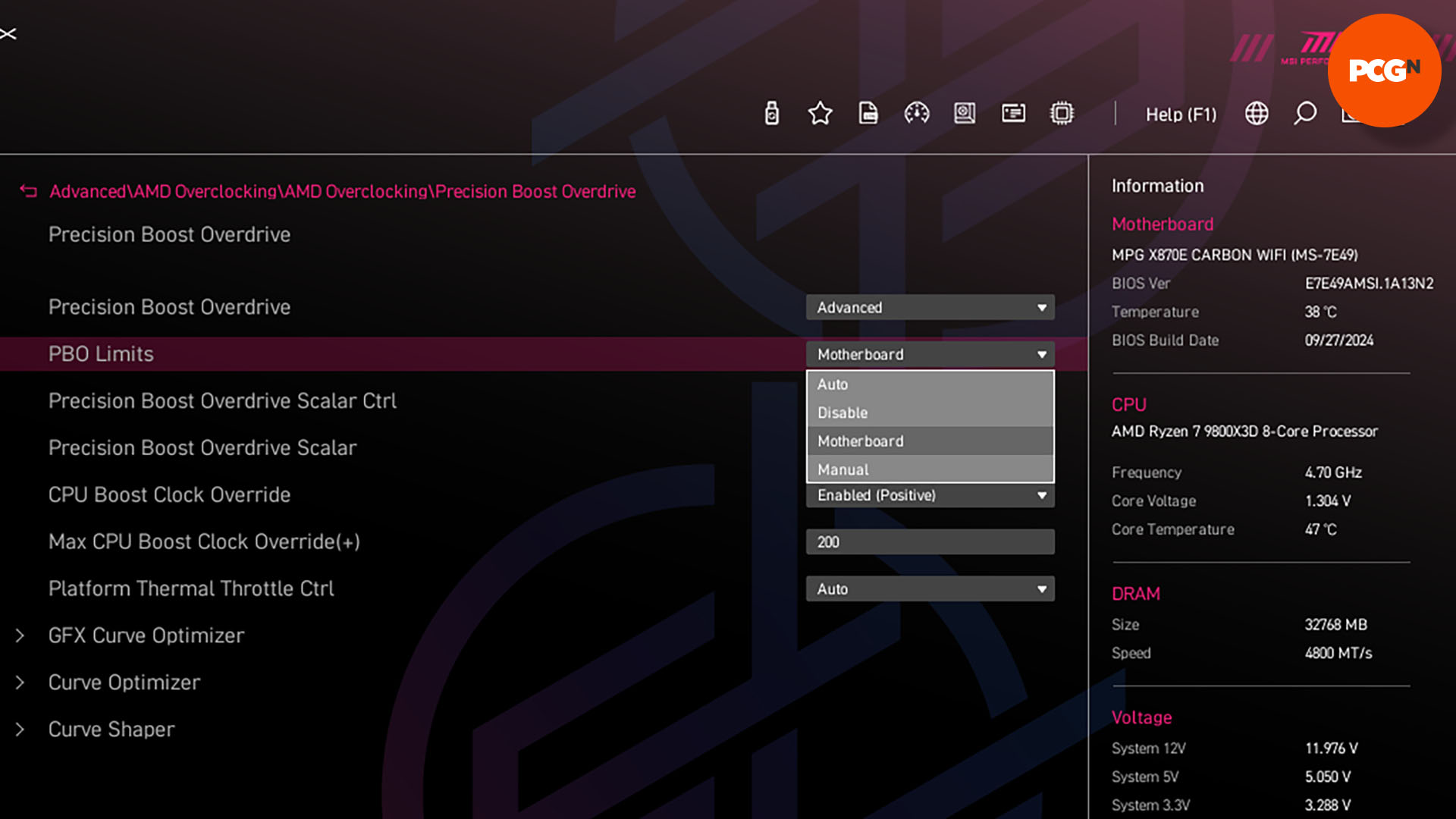 How to overclock the AMD Ryzen 7 9800X3D: Enable PBO, and set to Advanced and limits to Motherboard.