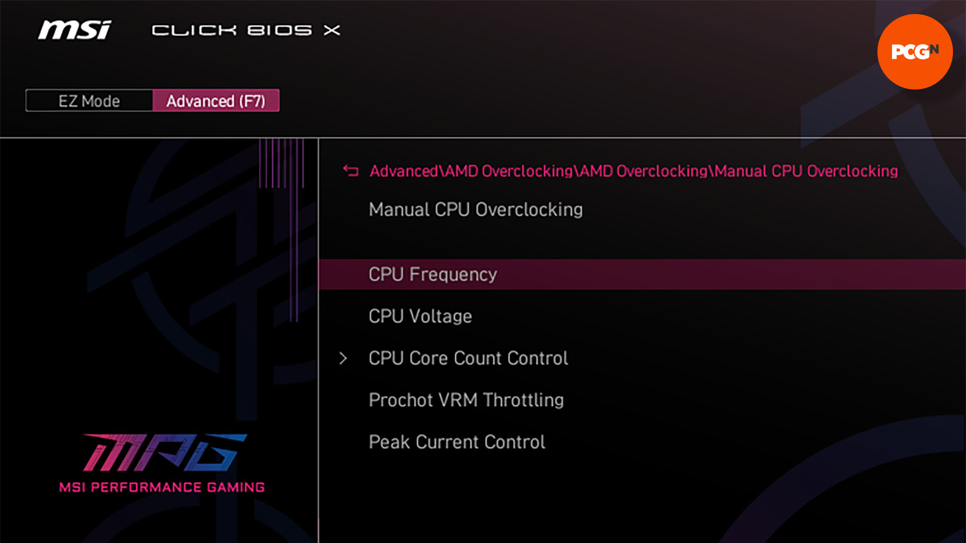 How to overclock the AMD Ryzen 7 9800X3D: Switch to Advanced mode and find the overclocking section.