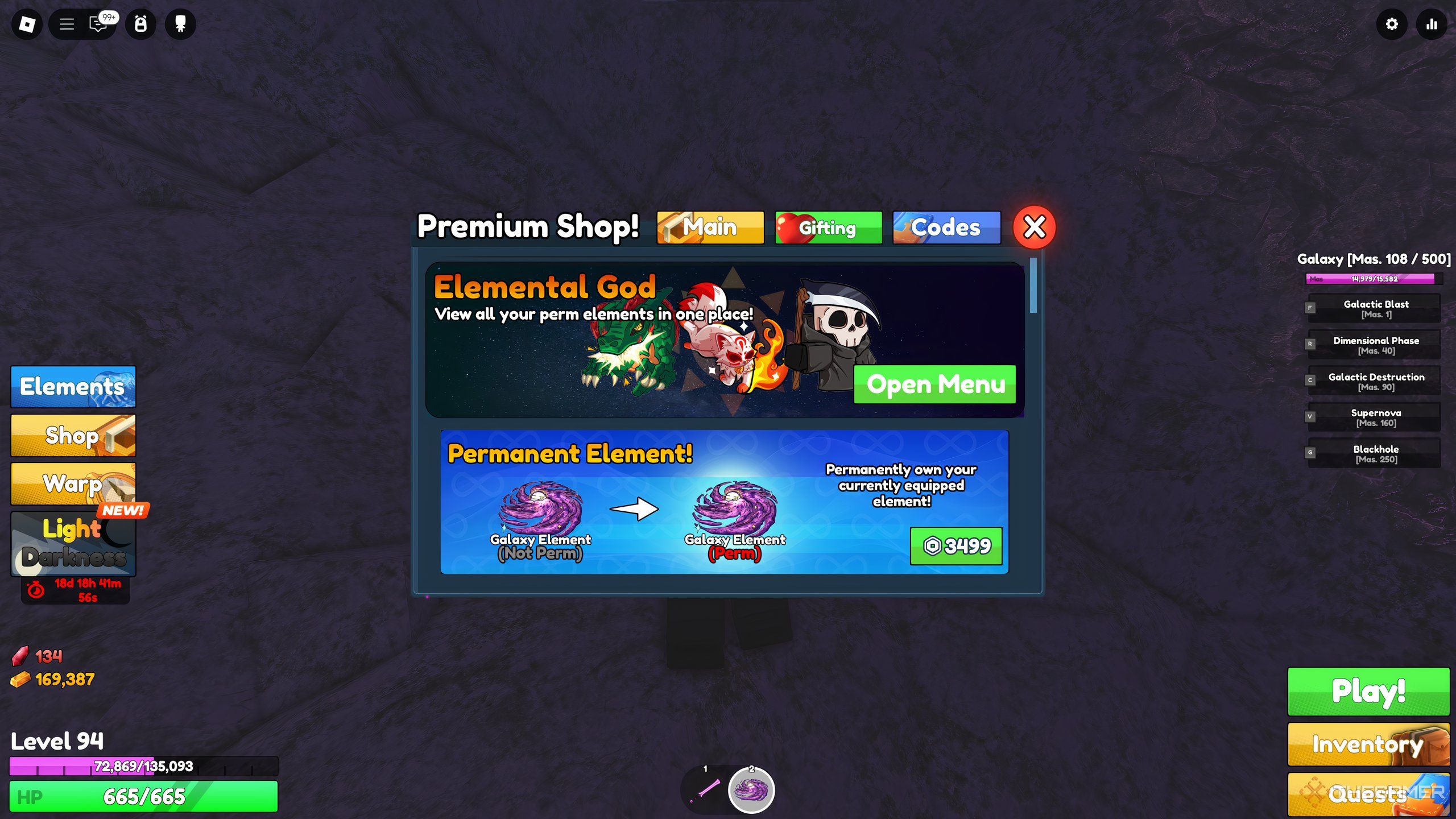 The Elemental God menu in the Shop in Roblox: Elemental Dungeons.