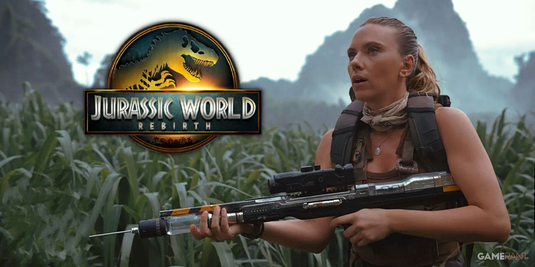 scarlett johansson holding a gun in jurassic world rebirth