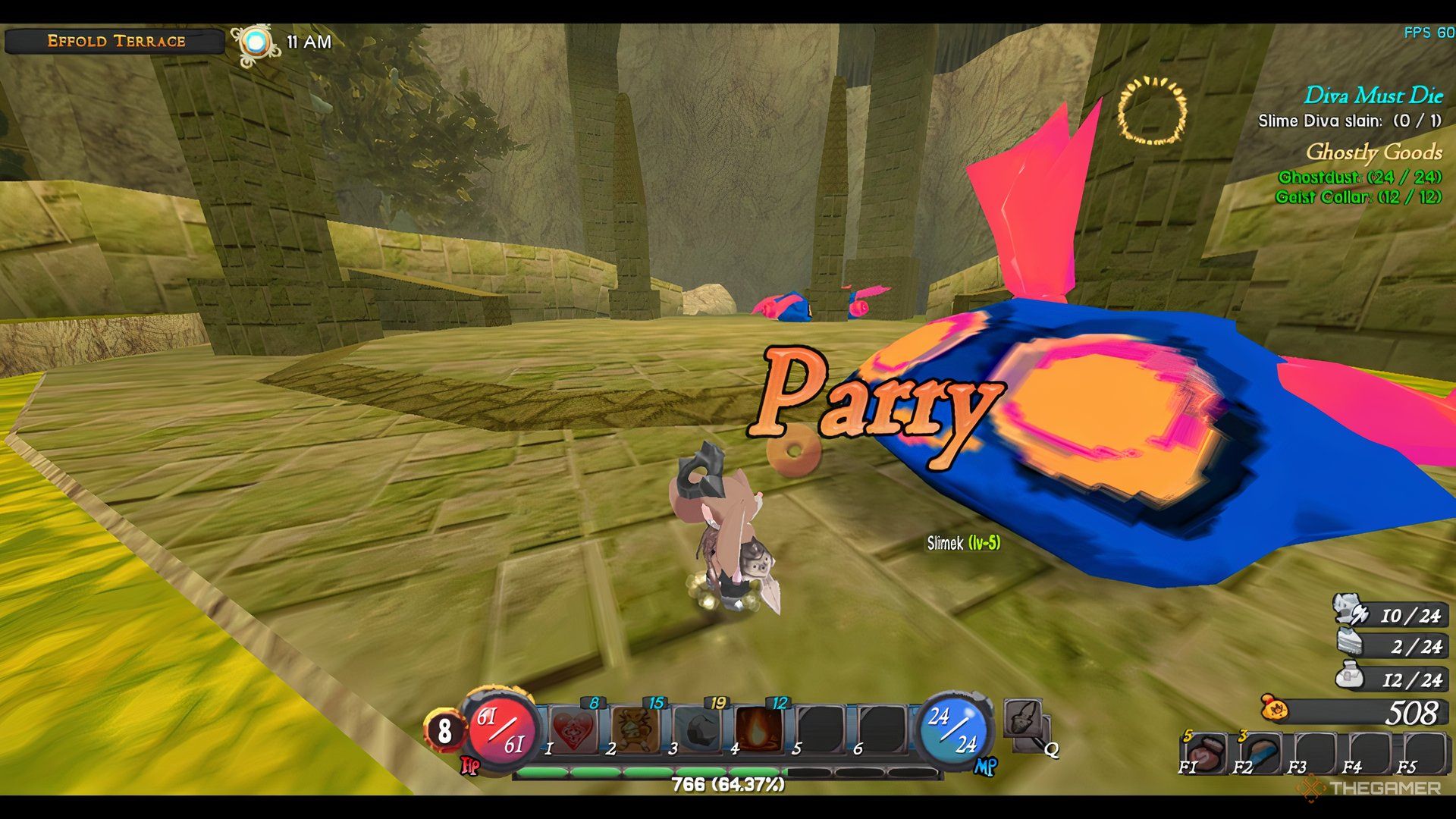 The image shows that the player has successfully parried an attack of a Slimek in Atlyss.