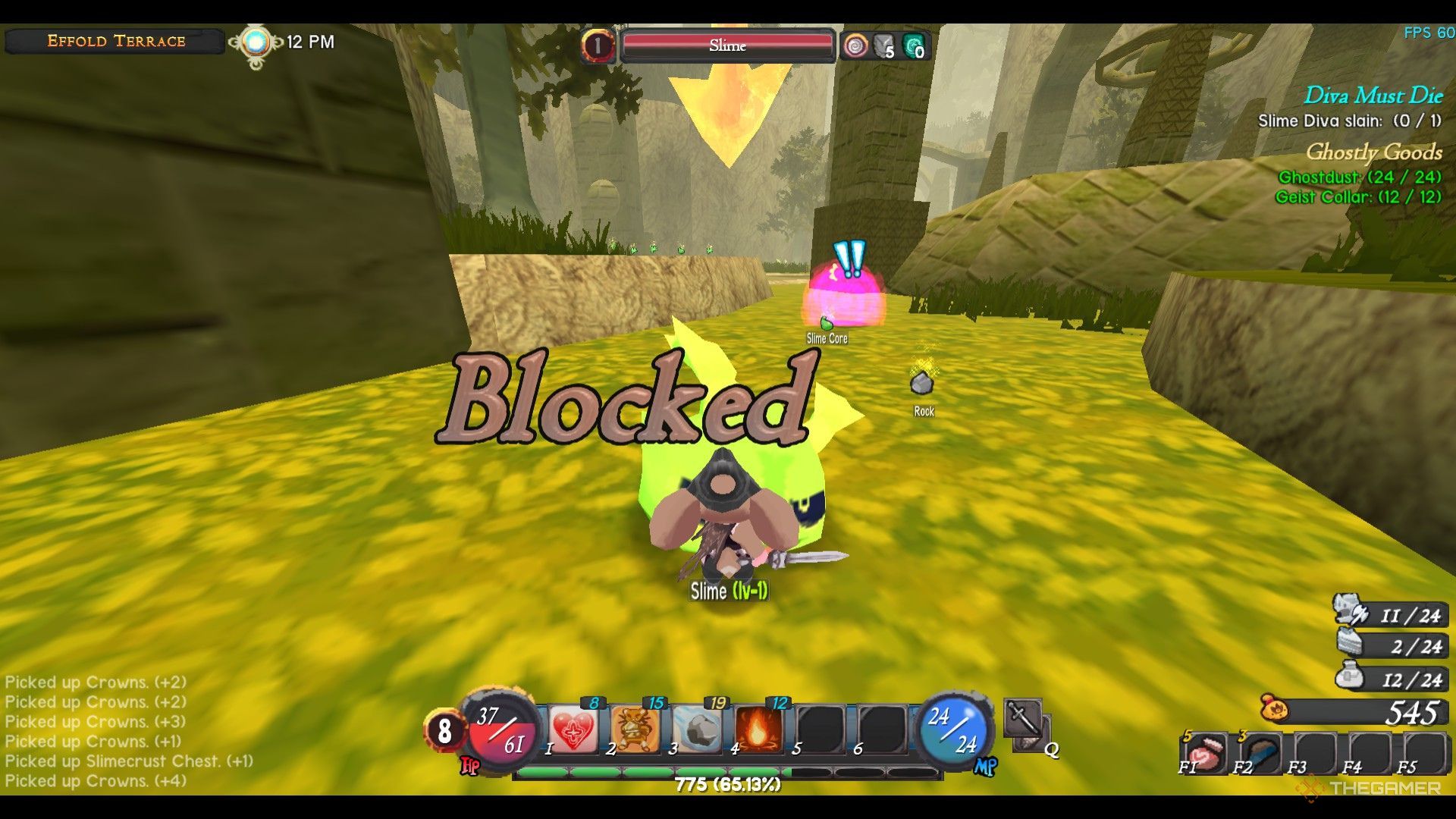 The image shows that the player has automatically blocked an attack with an off-hand shield in Atlyss.