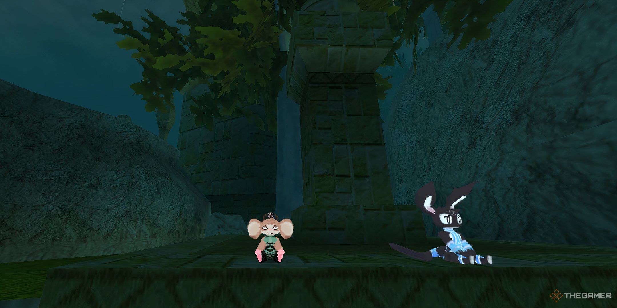 The image shows that the player is sitting on a cliff in Sanctum alongside an NPC in Atlyss.